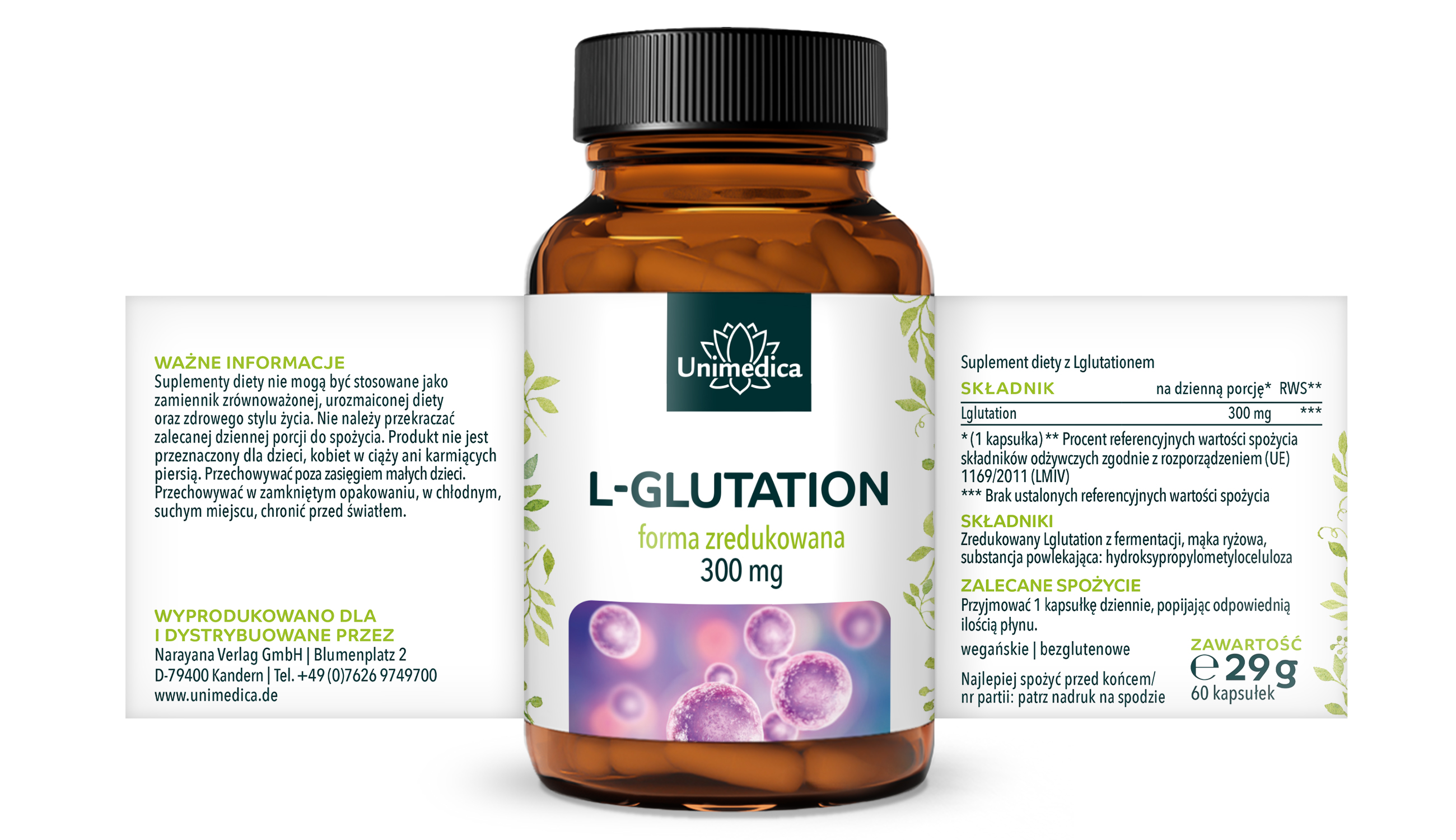 L-glutation - zredukowana forma pochodząca z naturalnej fermentacji - 300 mg na dzienną dawkę (1 kapsułka) - 60 kapsułek - Najlepiej spożyć przed: 30.11.2026