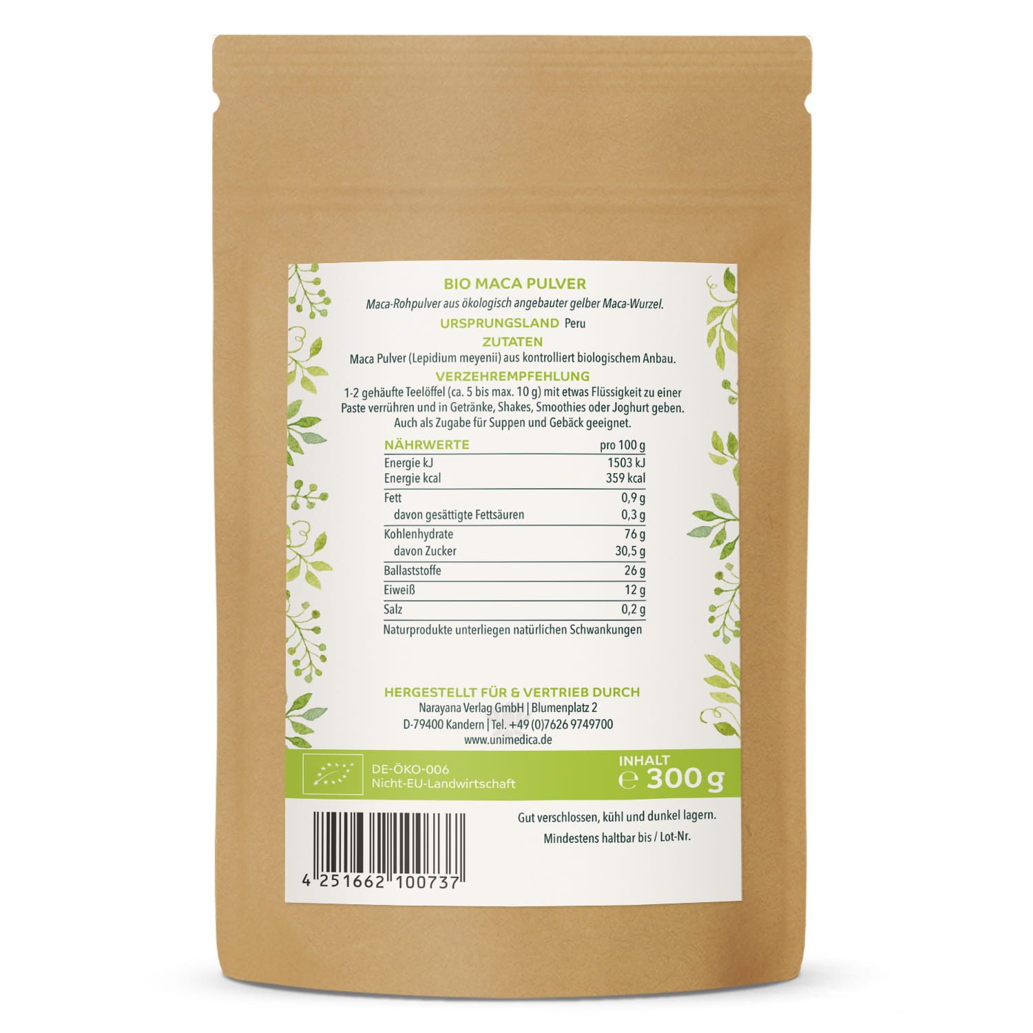 Bio Maca Pulver - Rohpulver - 300 g - von Unimedica