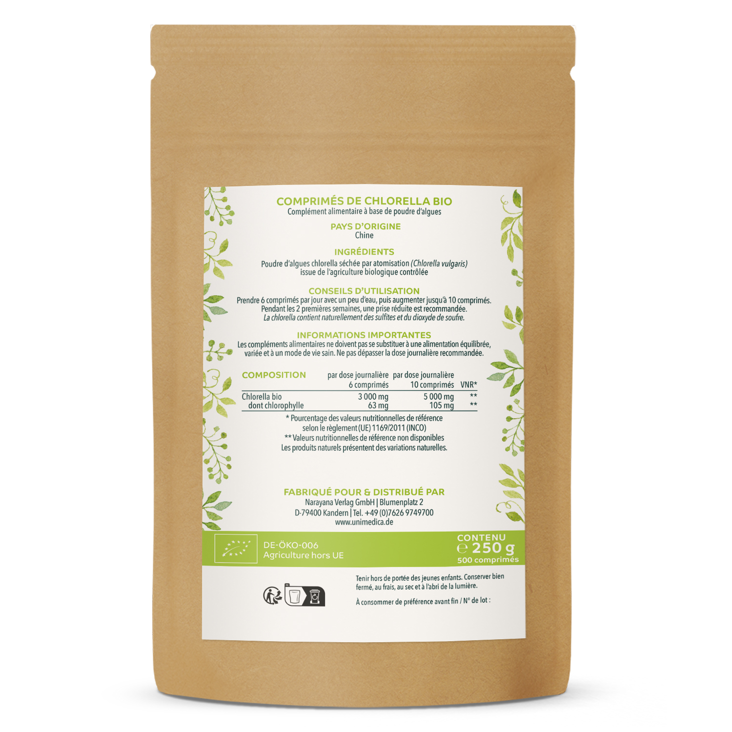 Chlorella BIO - 500 comprimés contenant chacun 500 mg de poudre de chlorella pure - testée en laboratoire et naturelle - par Unimedica