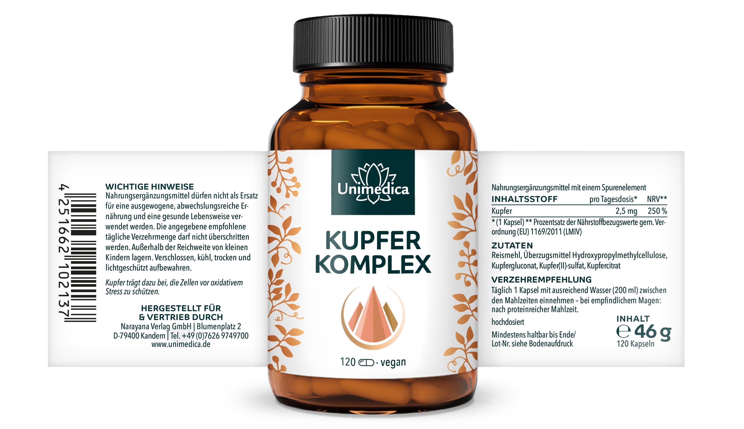 Kupfer Komplex - 2,5 mg pro Tagesdosis (1 Kapsel) - mit 3 Kupferverbindungen - 120 Kapseln - von Unimedica