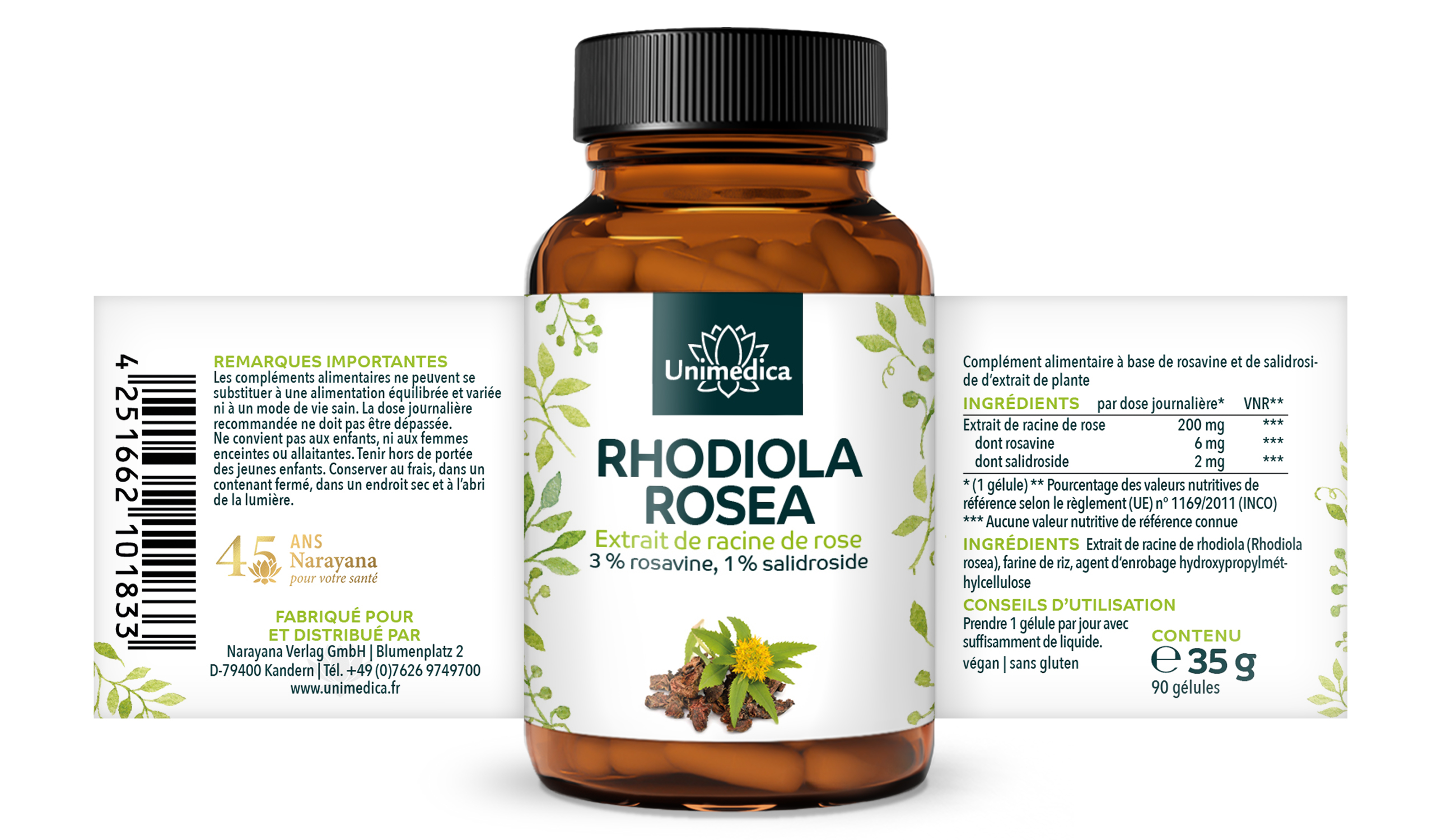 Rhodiola Rosea  Extrait d'orpin rose - 200 mg - 90 gélules - par Unimedica