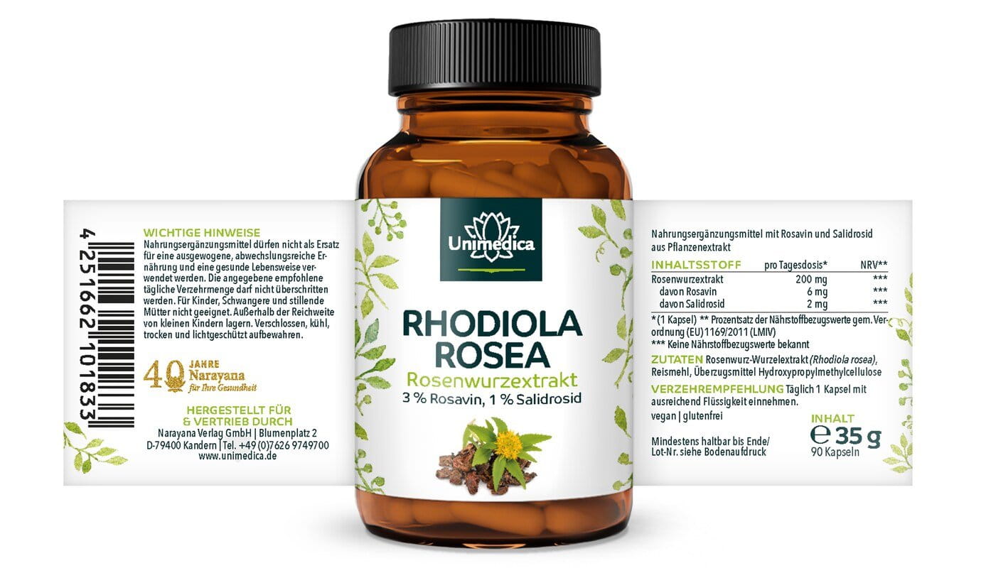 Rhodiola Rosea - Rosenwurz Extrakt - 200 mg pro Tagesdosis (1 Kapsel) - 90 Kapseln - von Unimedica