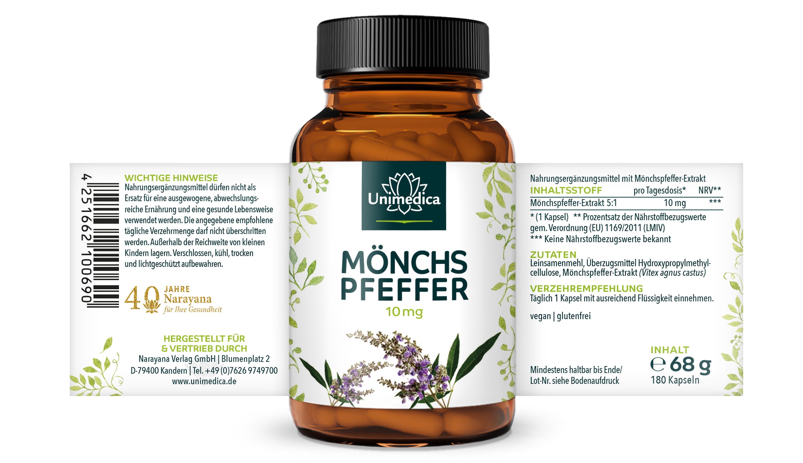 Mönchspfeffer Extrakt - 10 mg pro Tagesdosis (1 Kapsel) - hochdosiert - 180 Kapseln - von Unimedica