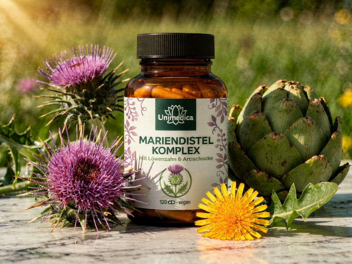 Mariendistel - Komplex mit Artischocke und Löwenzahn - 120 Kapseln - von Unimedica
