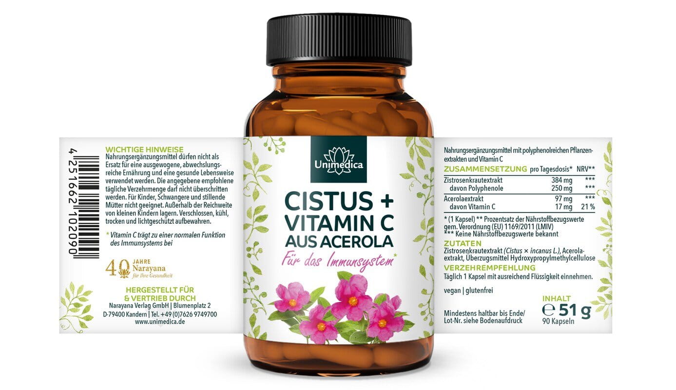 Cistus + Vitamin C aus Acerola - 384 mg Cistus pro Tagesdosis (1 Kapsel) - 90 Kapseln - von Unimedica