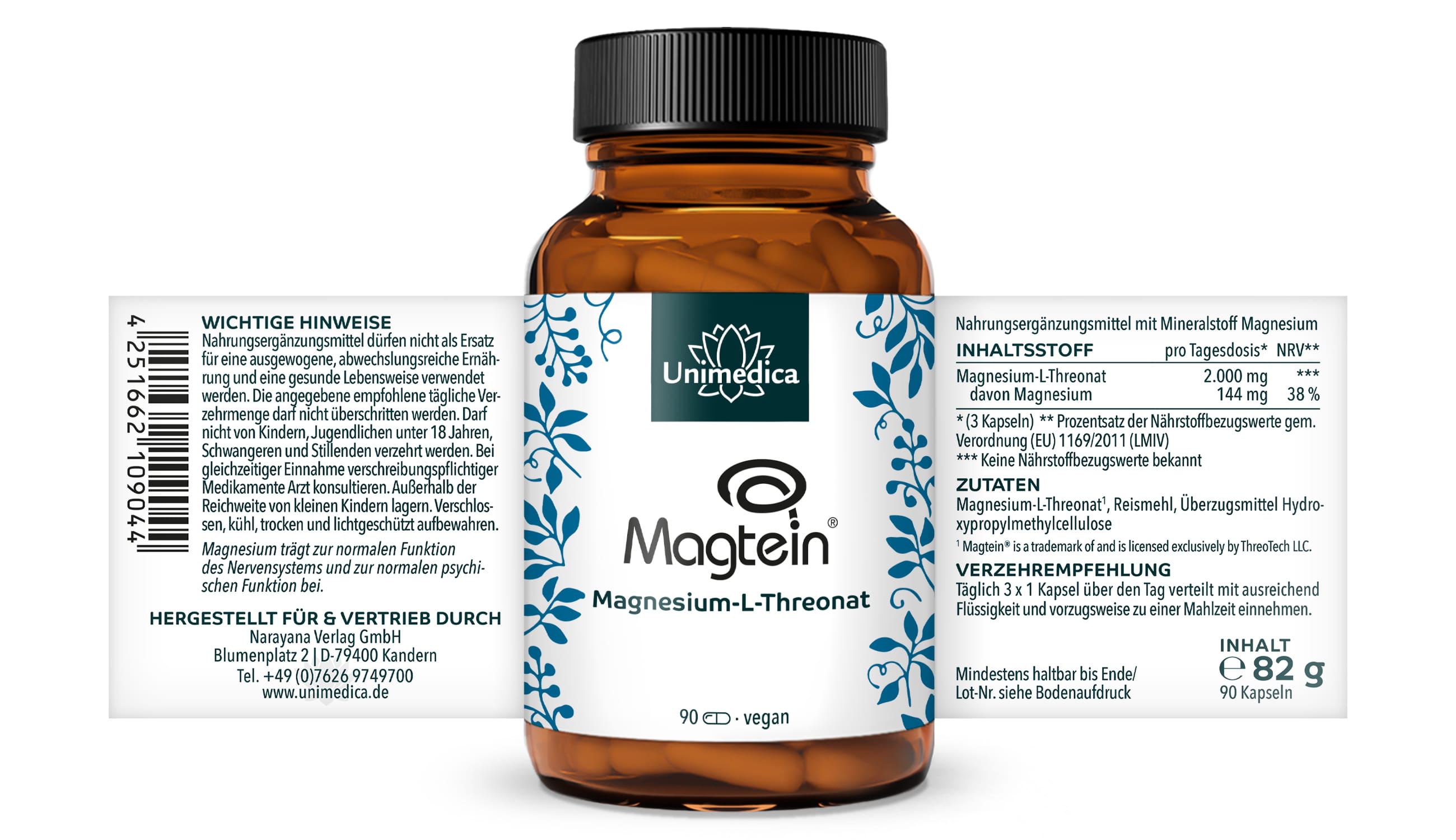 Magnesium L-Threonat - Magtein® - 144 mg Magnesium pro Tagesdosis (3 Kapseln) - 90 Kapseln  von Unimedica