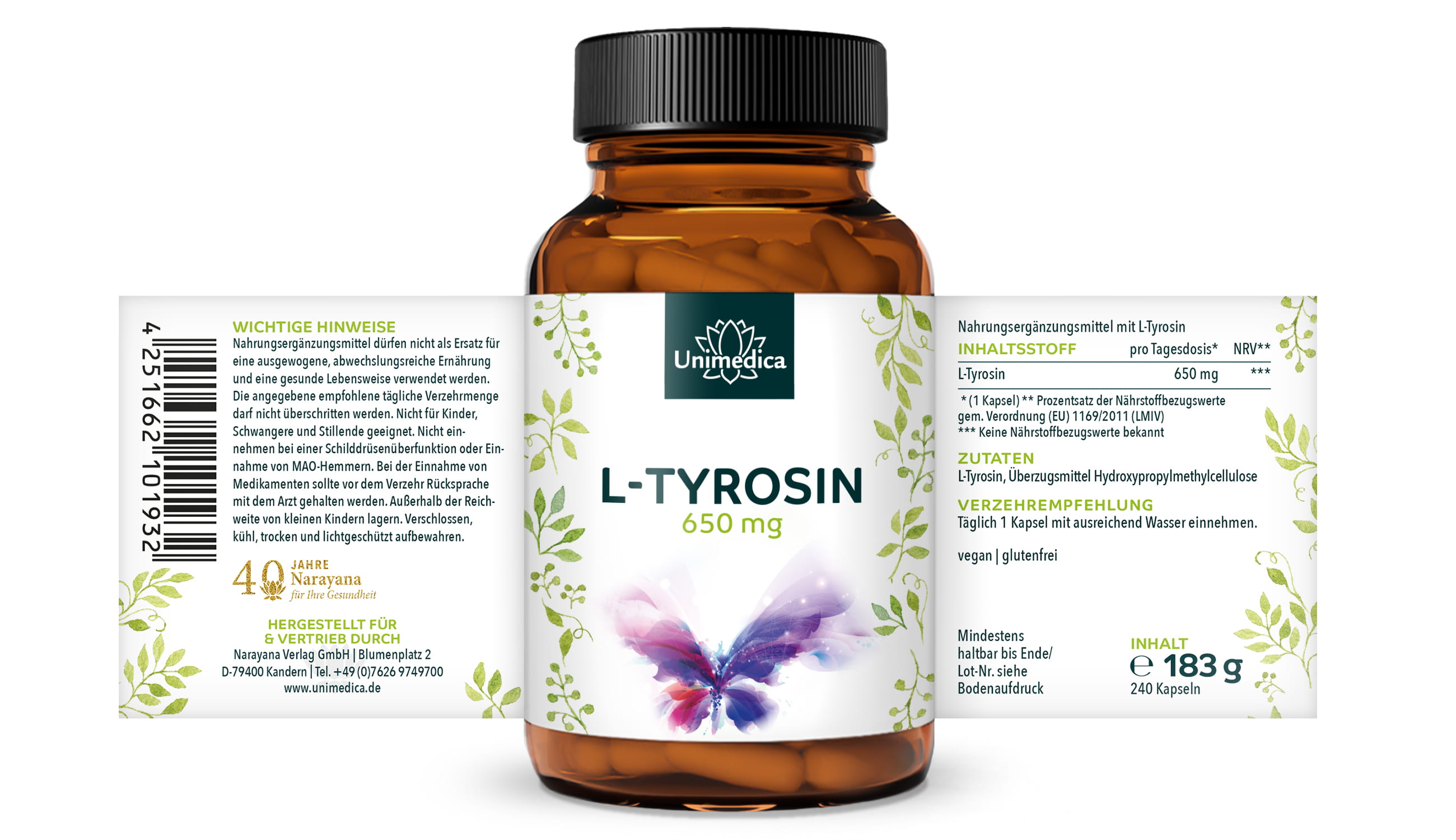 L-Tyrosin - 650 mg pro Tagesdosis - 240 Kapseln (1 Kapsel) - von Unimedica