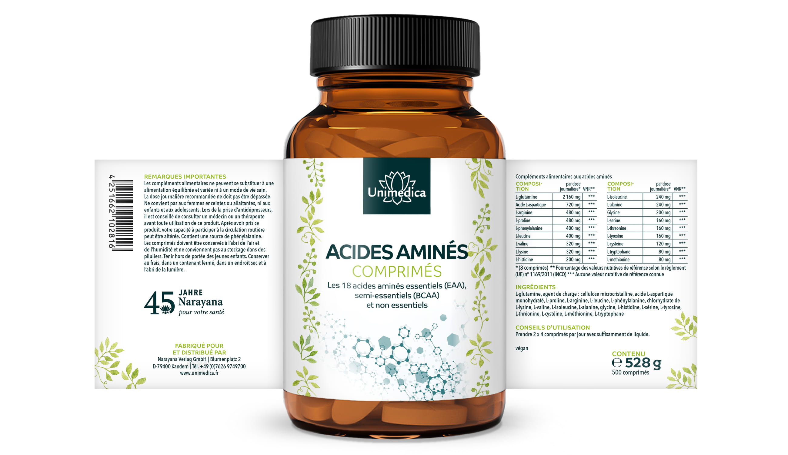 Comprimés d'acides aminés - 500 comprimés à 1 000 mg - tous les 18 acides aminés essentiels (EAA), semi-essentiels (BCAA) et non essentiels - d'Unimedica