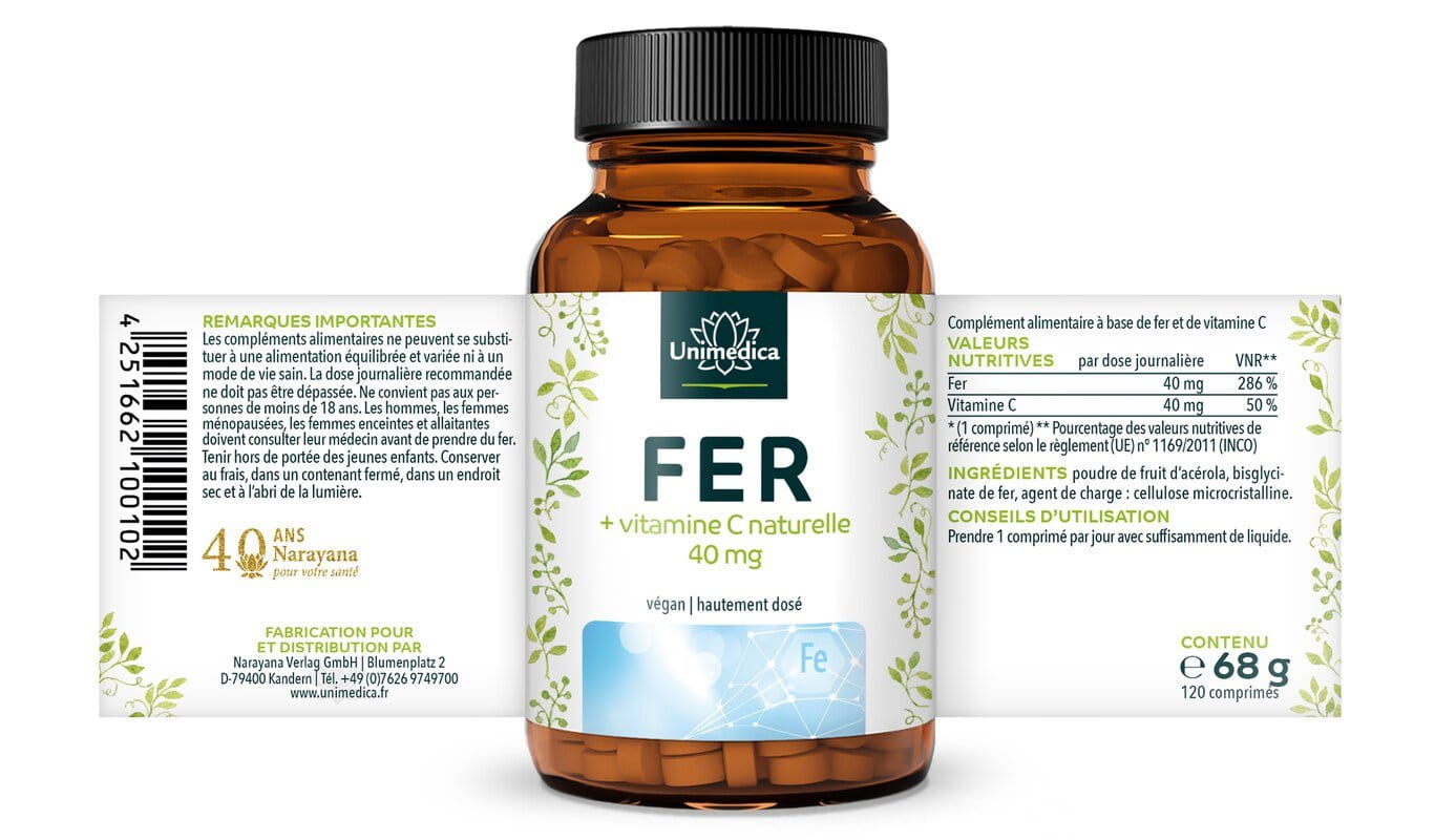 Fer en comprimés - bisglycinate de fer - avec vitamine C naturelle - 120 comprimés - par Unimedica
