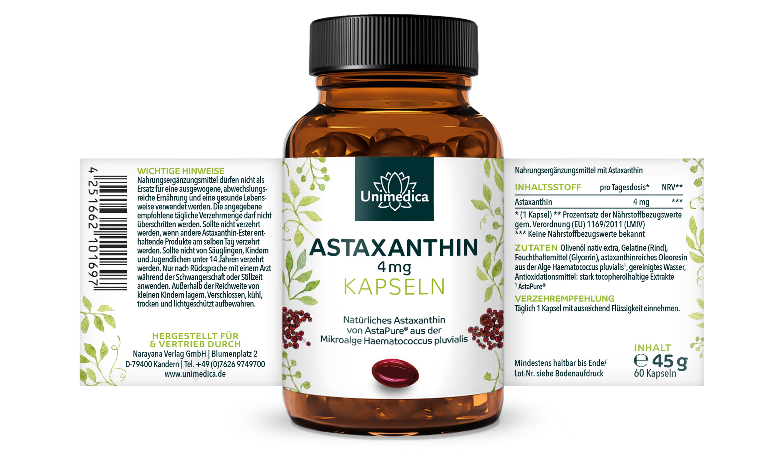 2er-Sparset: Astaxanthin - AstaPure® - 4 mg pro Tagesdosis (1 Kapsel) - 2 x 60 Softgelkapseln - von Unimedica