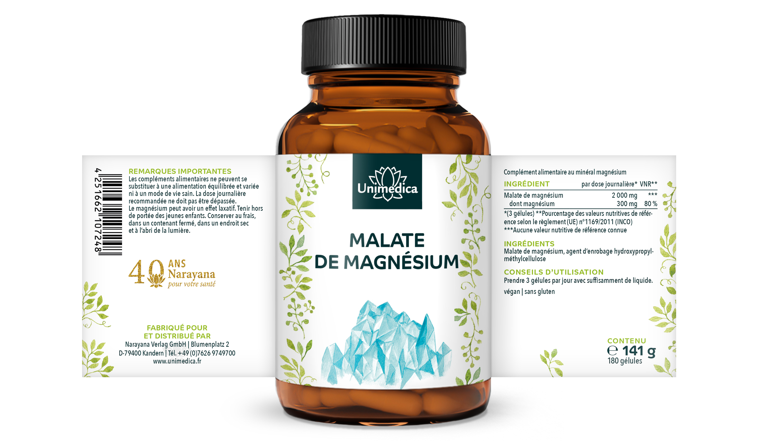 Malate de magnésium  - 300 mg de magnésium par dose journalière (3 gélules) - 180 gélules - par Unimedica
