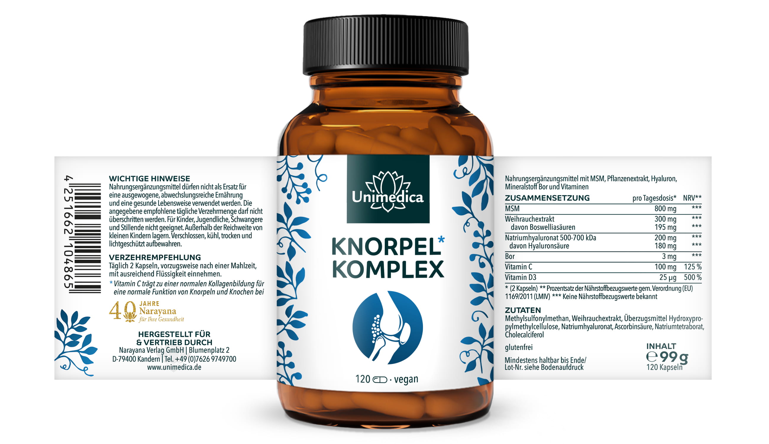 Knorpel* Komplex - mit MSM + Weihrauch + Hyaluron + Bor + Vitaminen - 120 Kapseln - von Unimedica