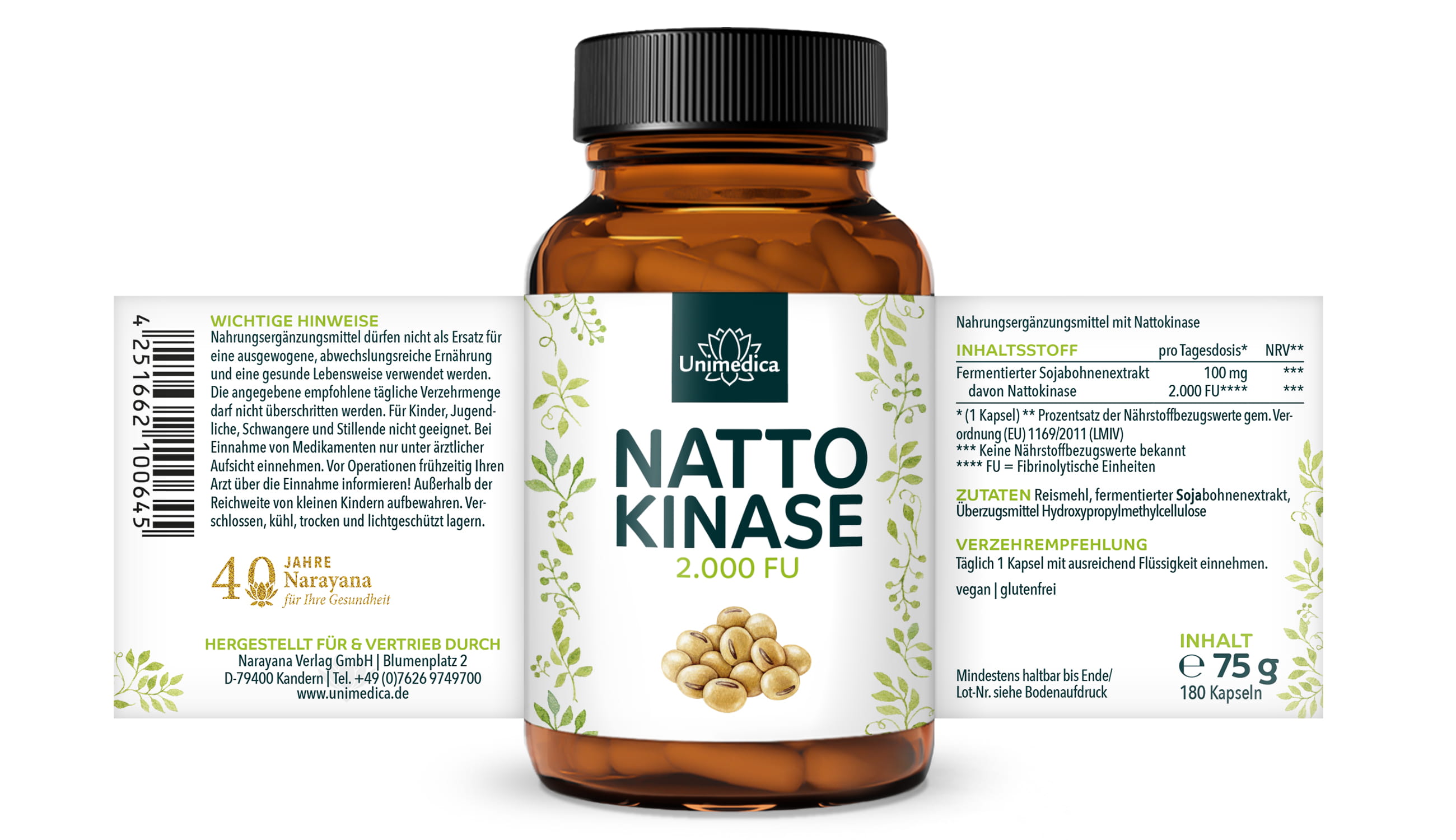 Nattokinase - 100 mg / 2000 FU pro Tagesdosis (1 Kapsel) - 180 Kapseln - von Unimedica
