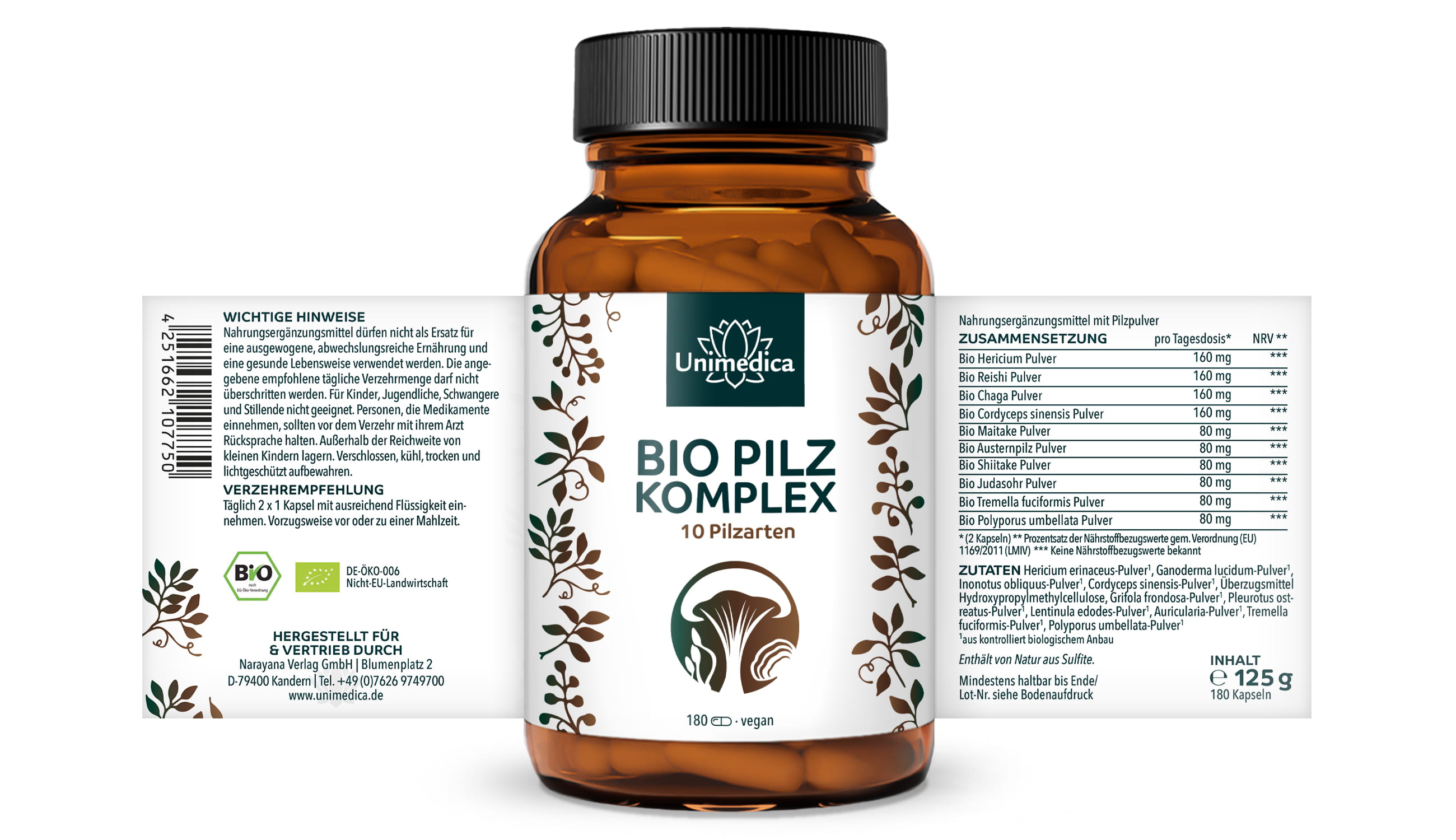 Bio Pilz Komplex - mit 10 Pilzsorten - u.a. Cordyceps, Shiitake, Reishi, Löwenmähne, Chaga, Hericium - 180 Kapseln - von Unimedica