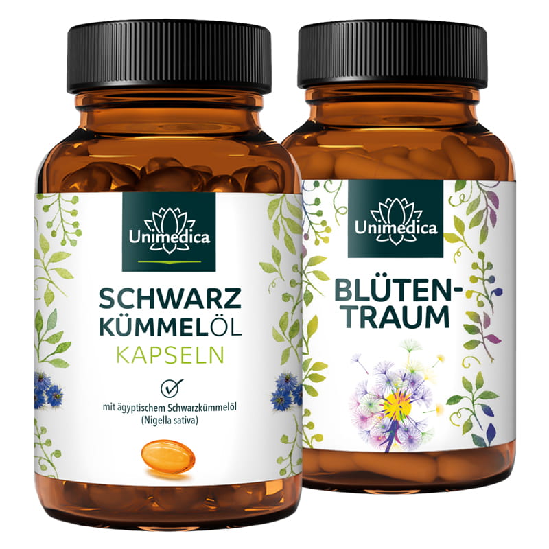 Set: Blütentraum + Schwarzkümmelöl - 90 Kapseln + 400 Softgelkapseln - von Unimedica