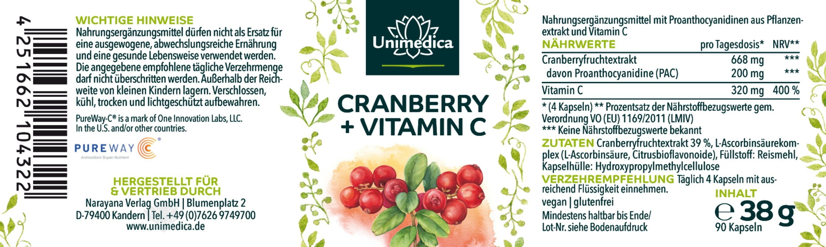 2er-Sparset: Cranberry Extrakt - 668 mg pro Tagesdosis (4 Kapseln) - mit Vitamin C - 2 x 90 Kapseln - von Unimedica