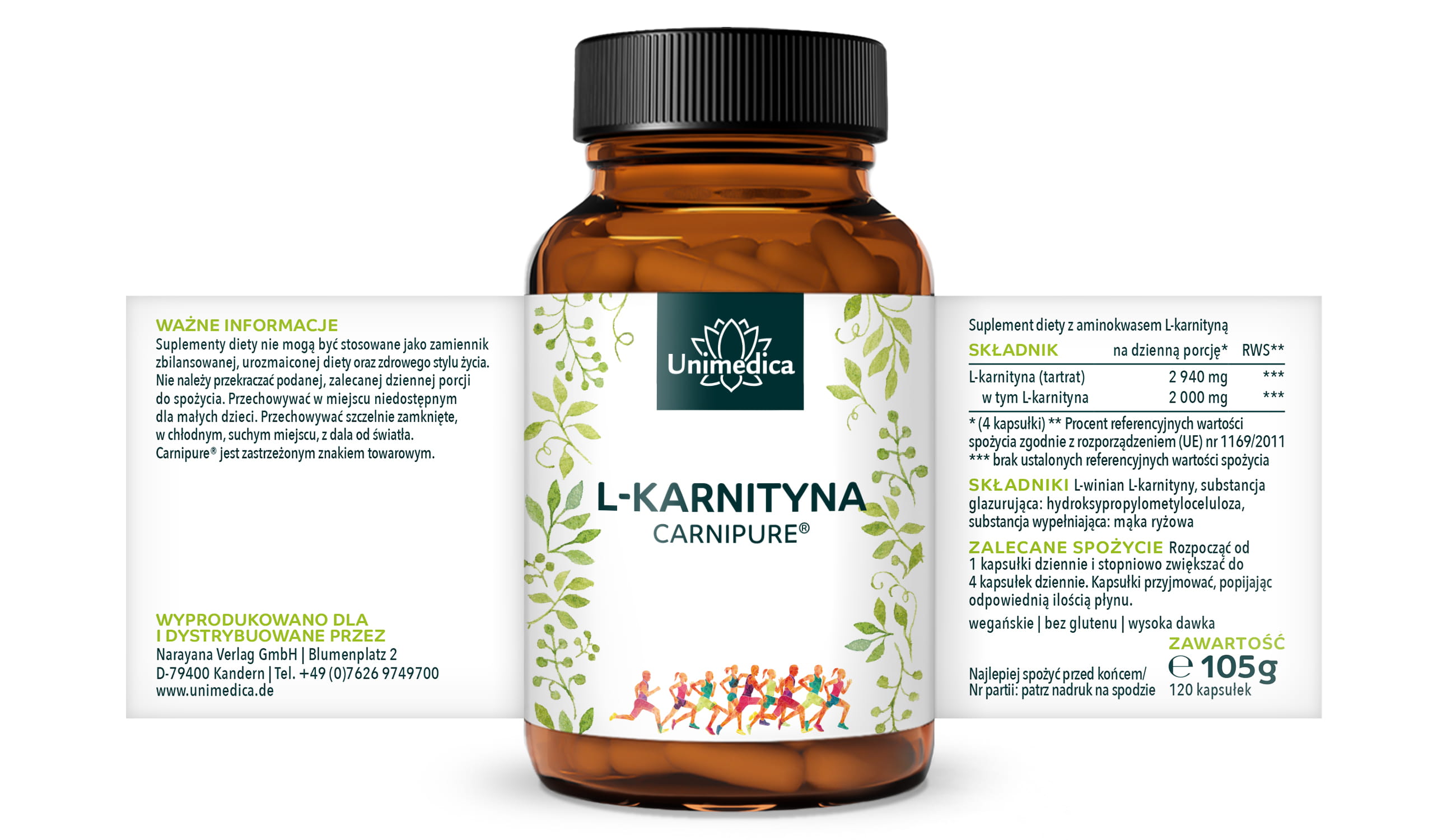L-Carnitin (Carnipure®) - 2.000 mg pro Tagesdosis (4 Kapseln) - 120 Kapseln - von Unimedica