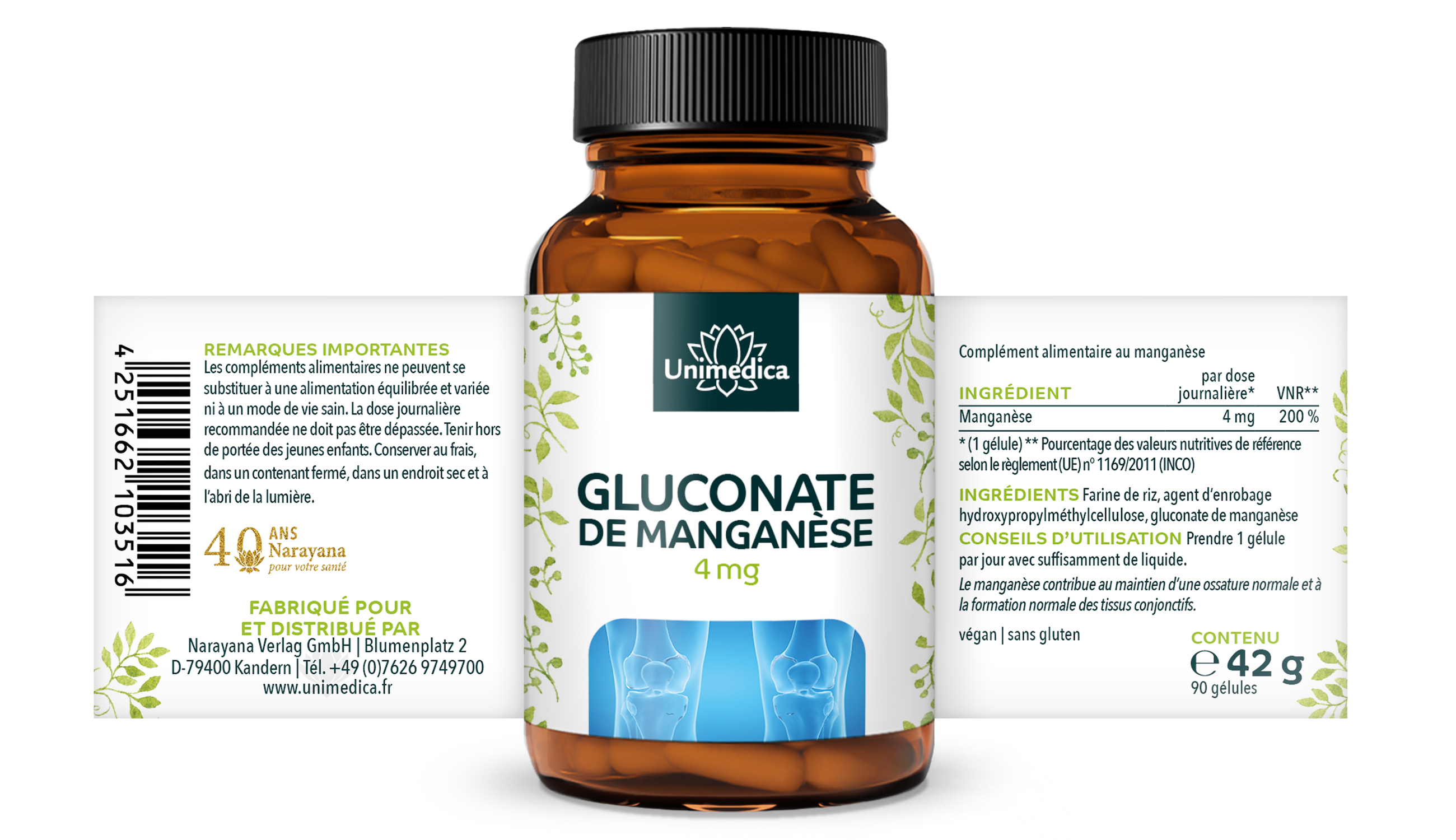 Lot de 2:  Manganèse - 4 mg gluconate de manganèse . 2 x 90 gélules - par Unimedica