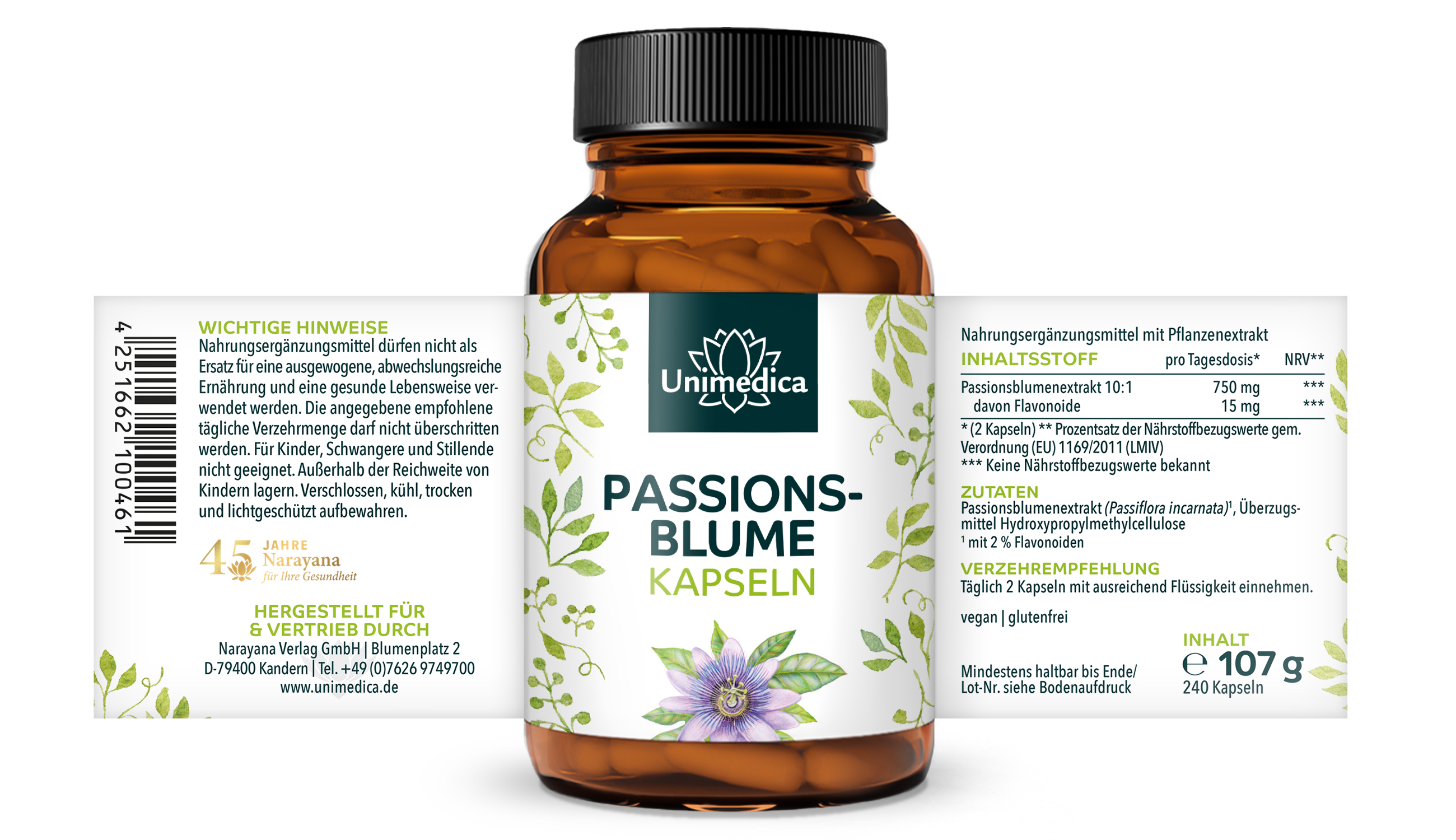 Passionsblume - 750 mg pro Tagesdosis (2 Kapseln) - 240 Kapseln - von Unimedica