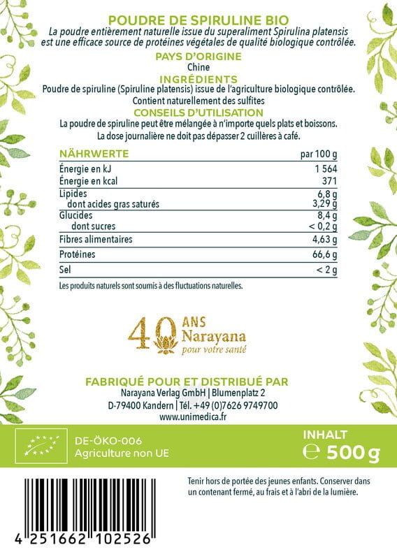 Lot de 2: Poudre de spiruline BIO  2 x 500 g - par Unimedica