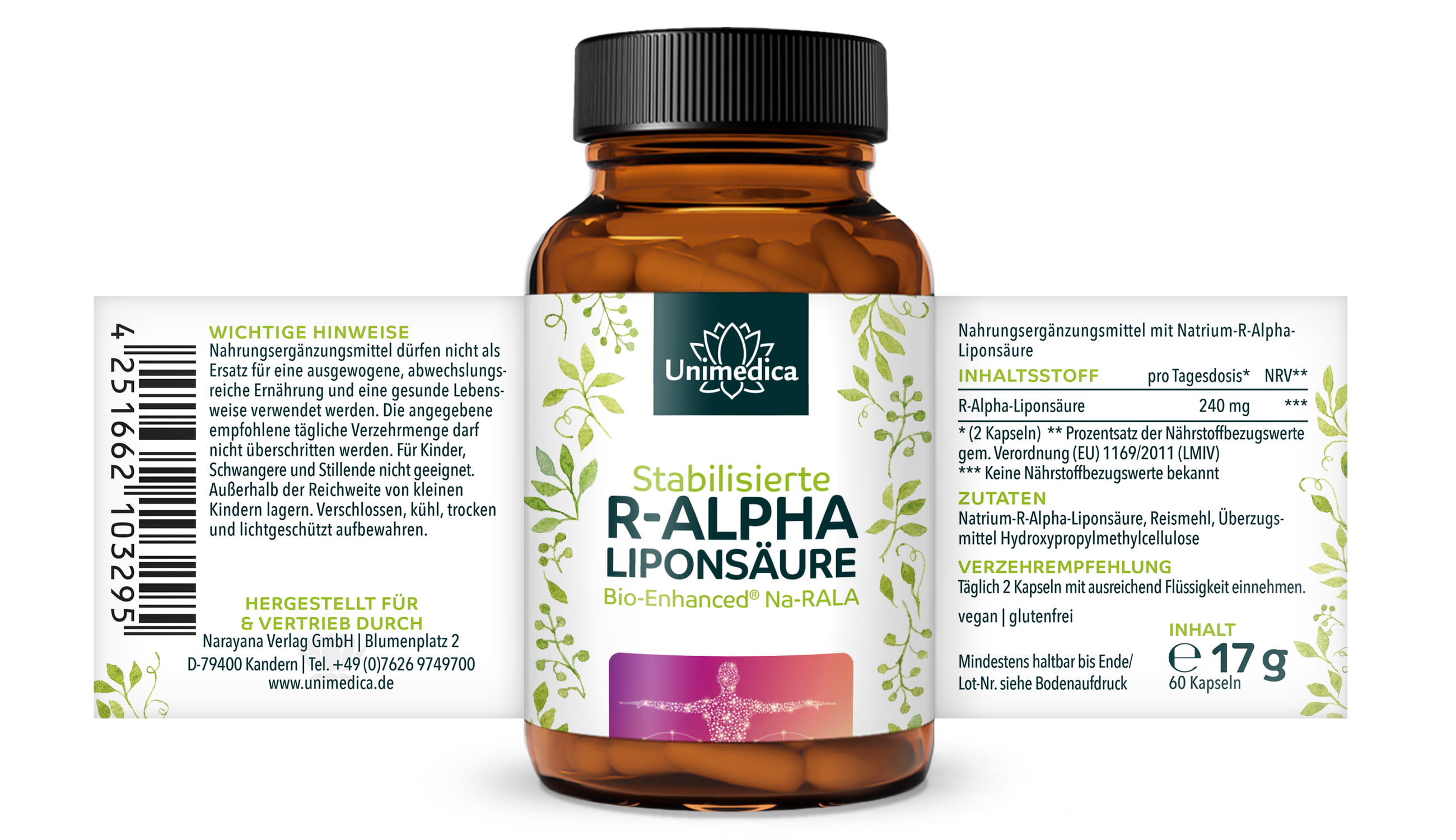 2er-Sparset: R-Alpha-Liponsäure Sodium - Bio Enhanced® - 240 mg pro Tagesdosis (2 Kapseln) - 2 x 60 Kapseln - von Unimedica, Stabilisierte R- Alpha-Liponsäure Bio Enhanced® Na-RALA (Natrium-R-Alpha-Liponsäure)