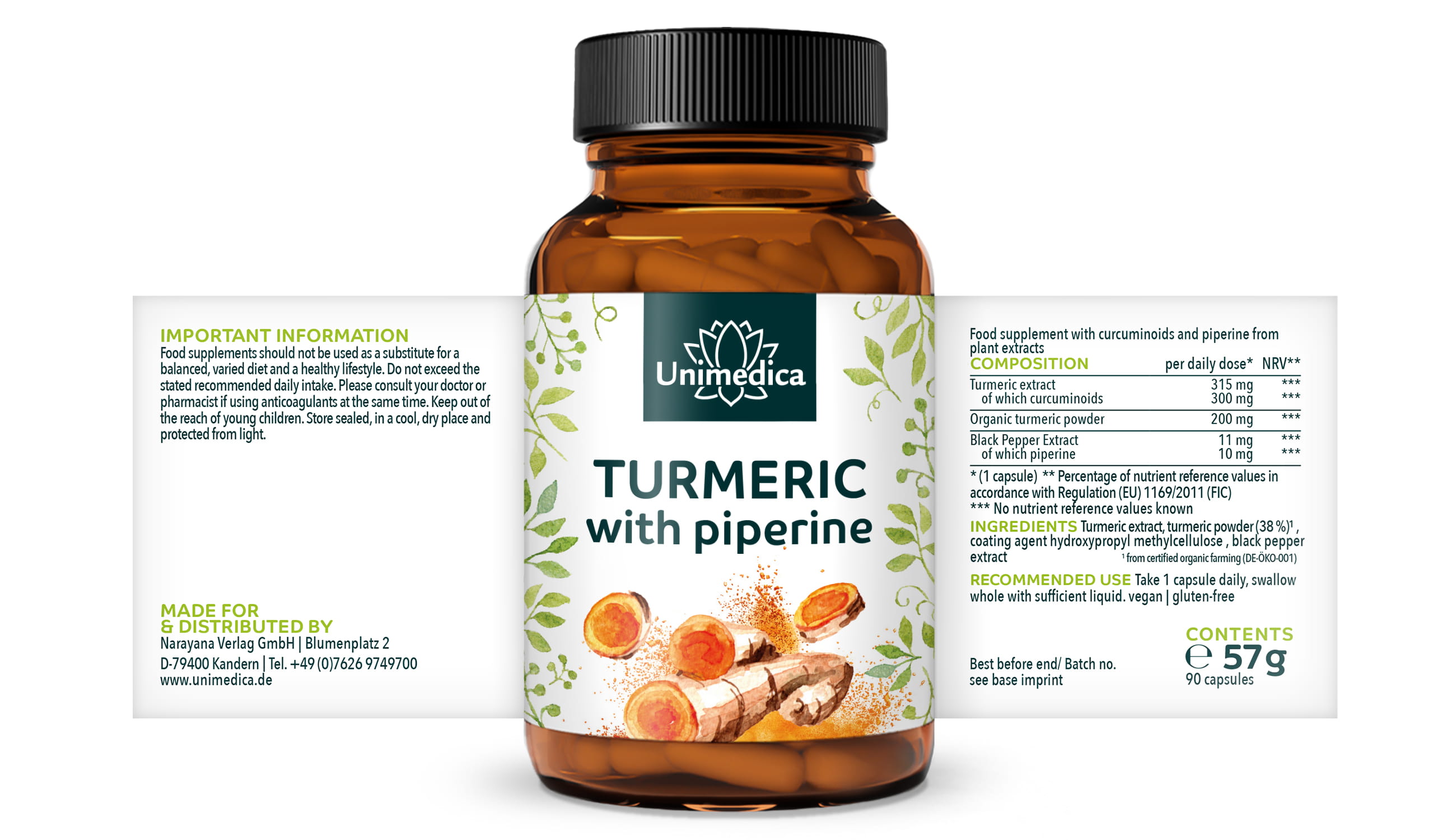 Curcumin with Piperine - 300 mg curcuminoids and 10 mg piperine per daily dose (1 capsule) - 90 capsules - from Unimedica