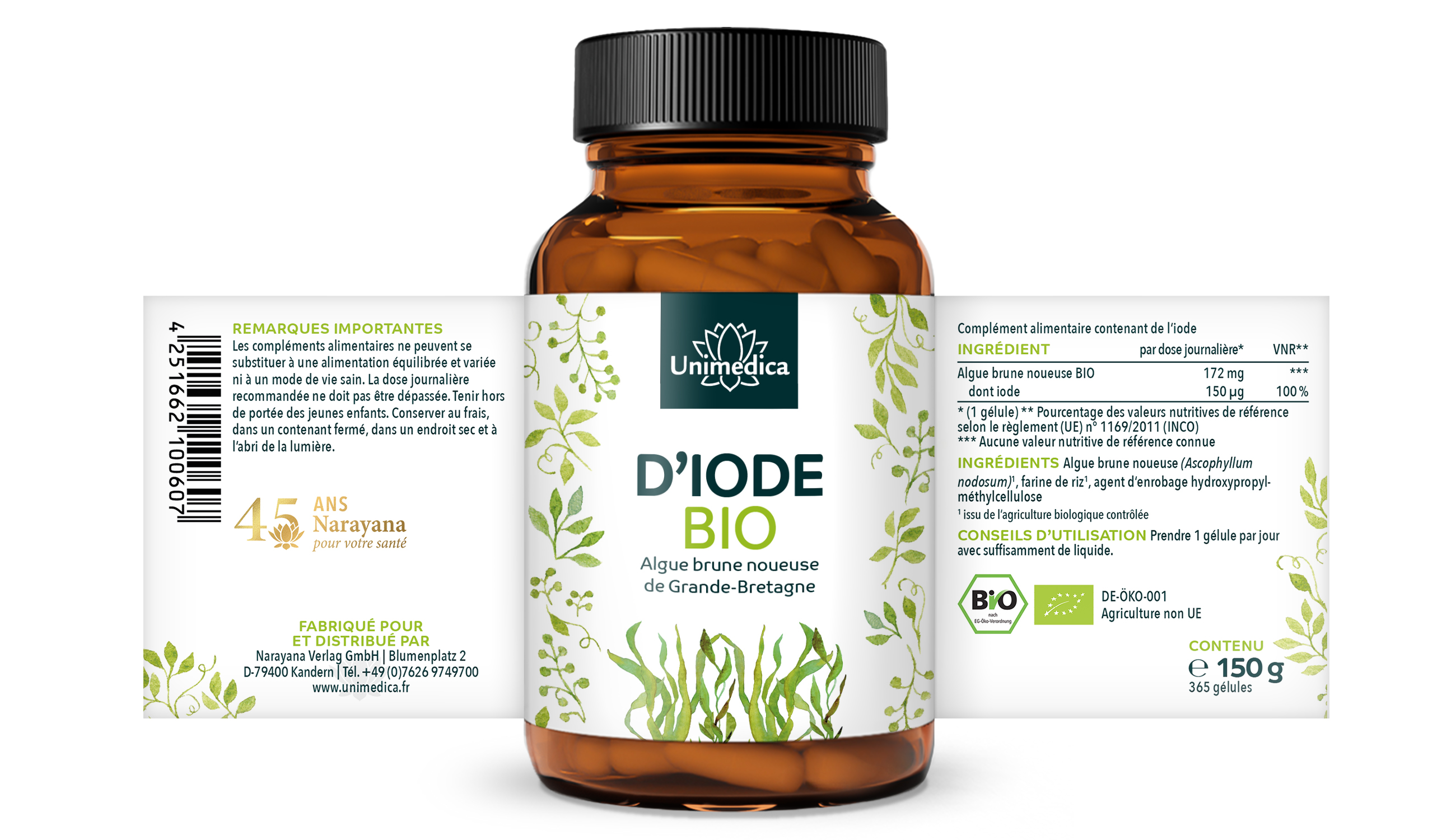 Gélules d'iode BIO - 150 µg d'iode naturel issu d'algues brunes nodulées - 365 gélules - par Unimedica