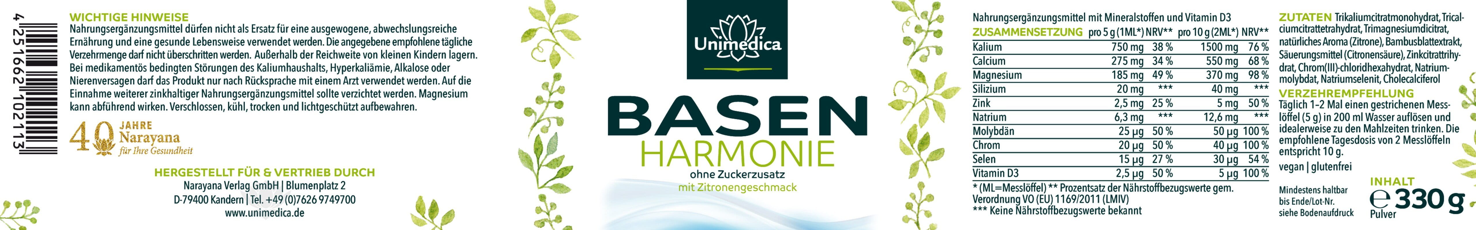 Basen Pulver - mit Mineralstoffen und Zitronengeschmack - 330 g - von Unimedica
