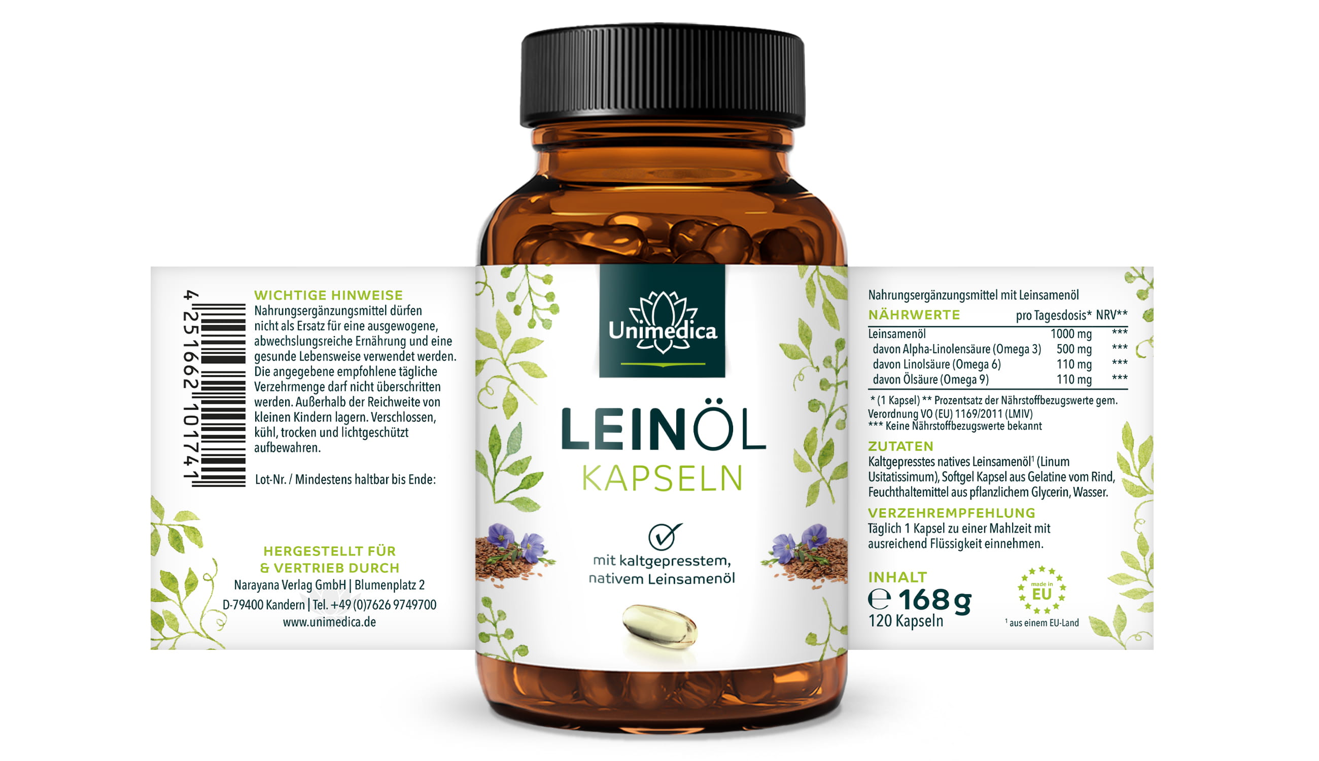 Leinöl mit pflanzlichen Omega Fettsäuren 3-6-9 - 1.000 mg pro Tagesdosis (1 Kapsel) - 120 Softgelkapseln - von Unimedica
