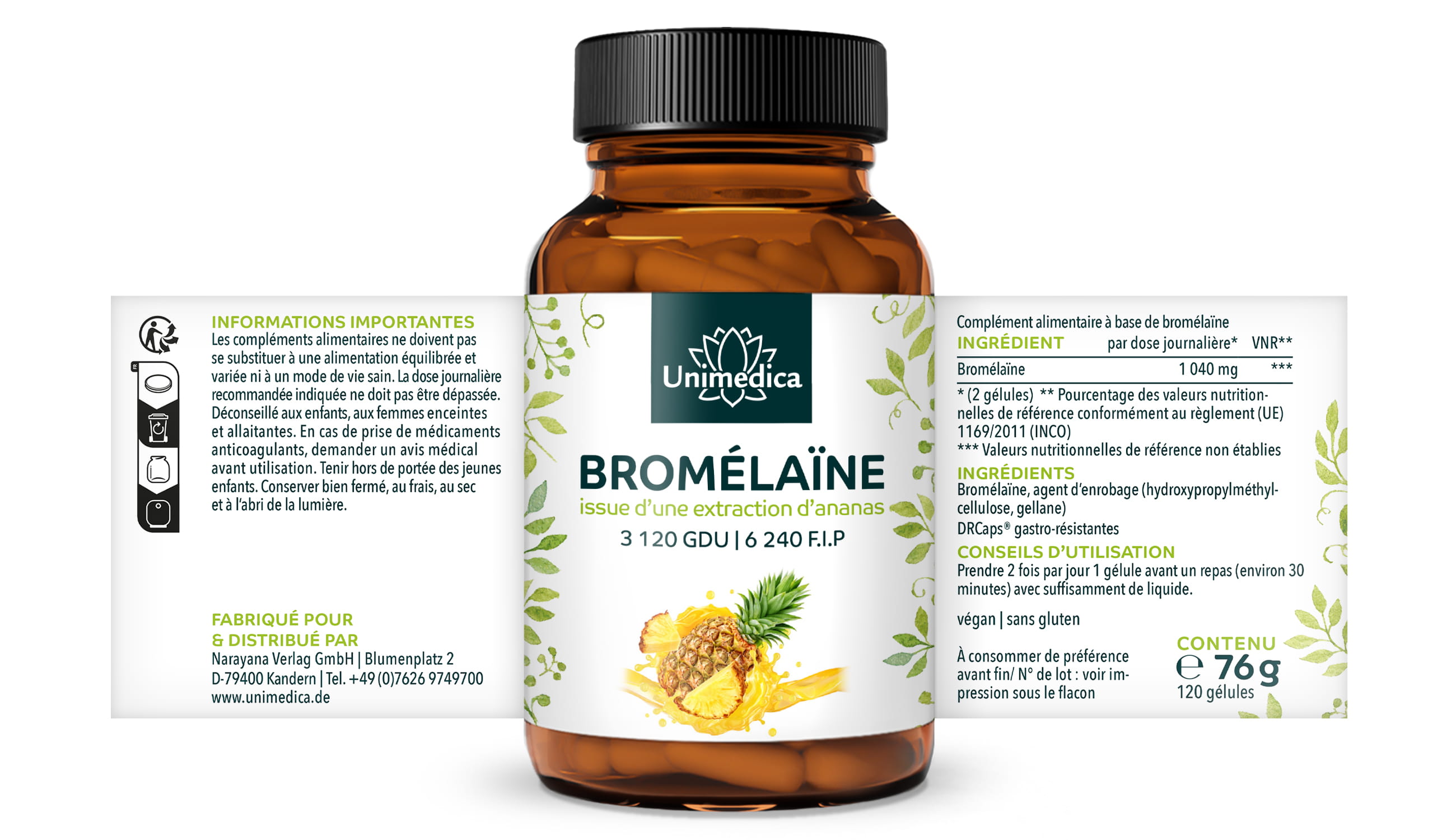 Bromelaïne - 1040 mg et 3.120 UDG | 6.240 F.I.P. par dose journalière (2 gélules)  avec DR Caps entériques - 120 gélules - par Unimedica