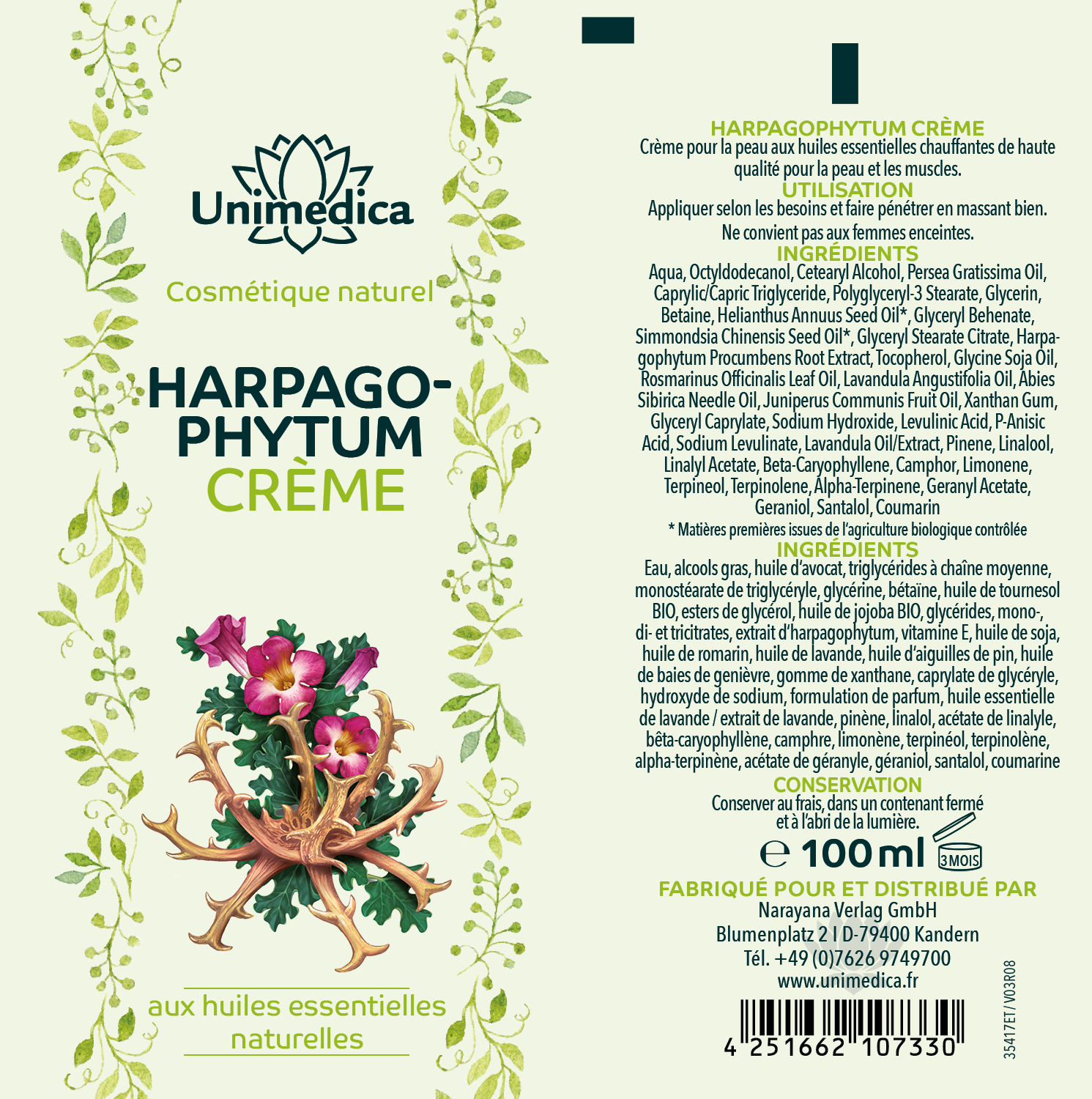Crème à l'harpagophytum - aux huiles essentielles 100 % naturelles - 100 ml - par Unimedica