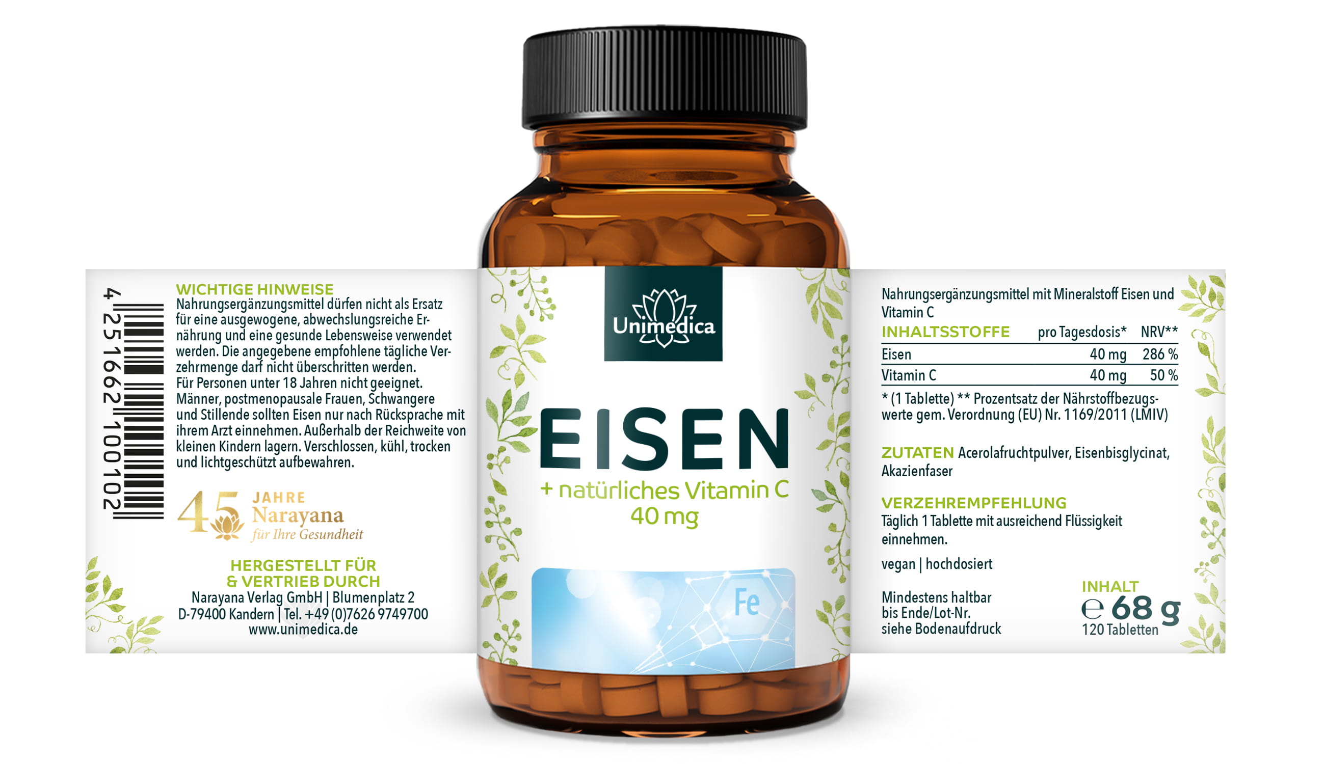 2er-Sparset : Eisen Bisglycinat - 40 mg Eisen und 40 mg Vitamin C pro Tagesdosis (1 Tablette) - hochdosiert - 2 x 120 Tabletten - von Unimedica