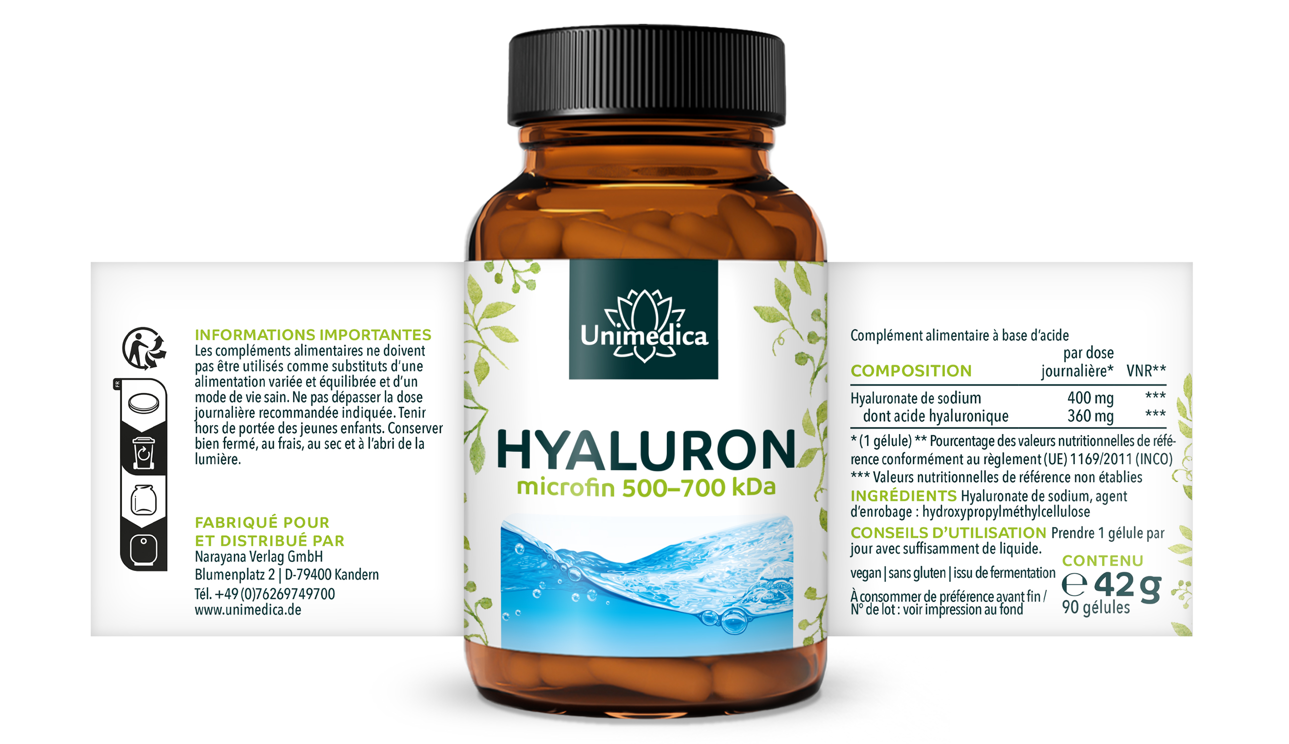 Hyaluron - Gélules d'acide hyaluronique microfin de 500 à 700 kDa  hautement dosé - Unimedica - 90 gélules
