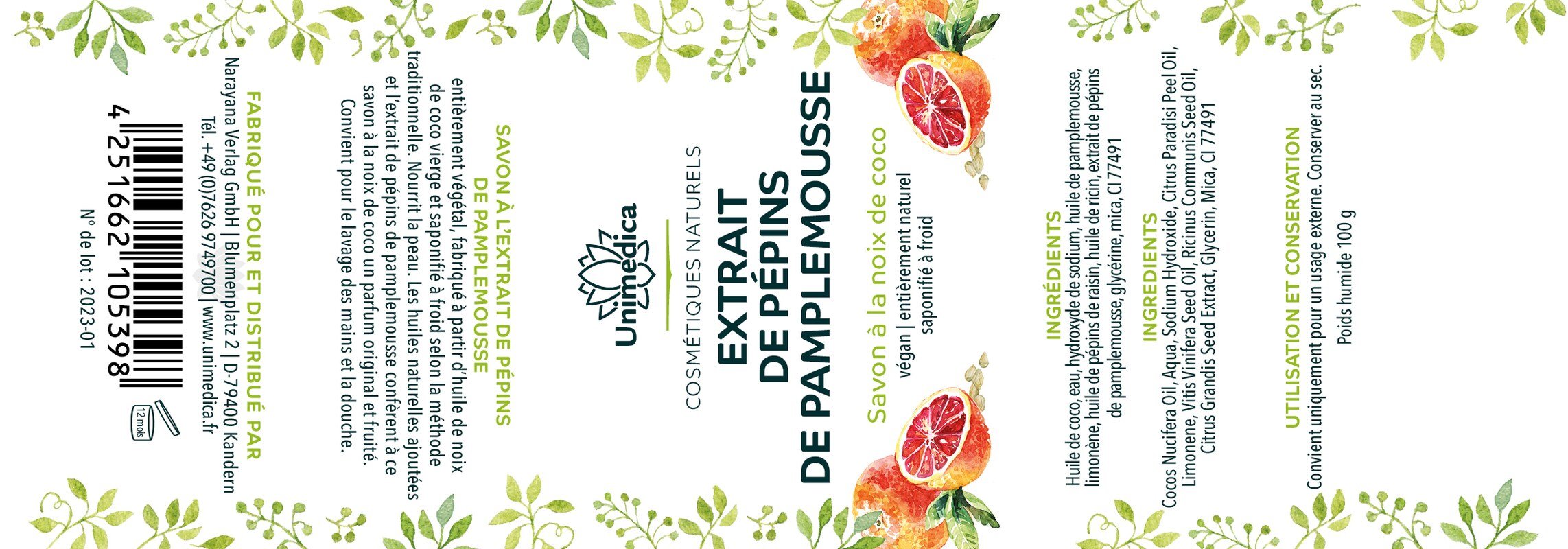 Lot de 2: Savon aux pépins de pamplemousse - savon de coco à l'extrait de pépins de pamplemousse  entièrement naturel et saponifié à froid - 2 x 100 g - par Unimedica