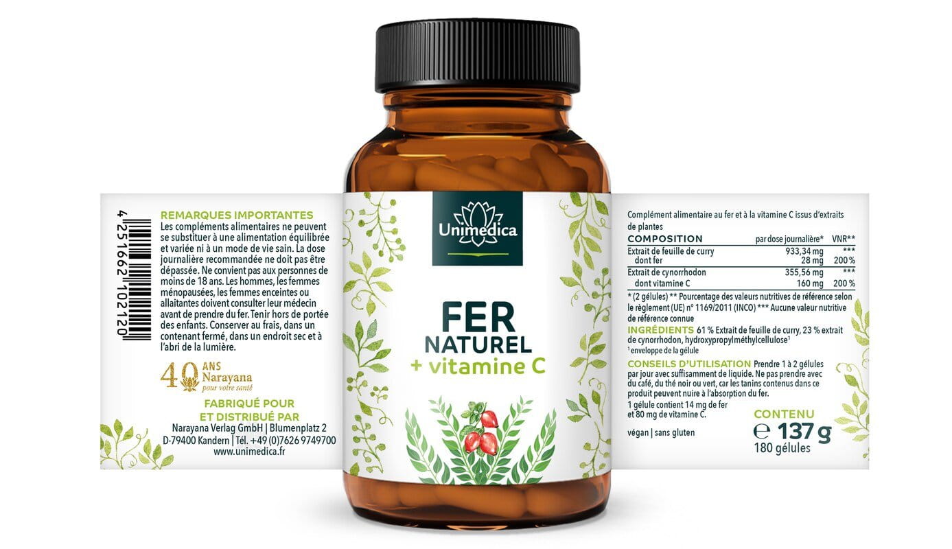 Fer naturel issu d'extrait de feuille de curry + vitamine C issue d'extrait de cynorrhodon - 28 mg de fer + 160 mg de vitamine C par dose journalière  180 gélules - par Unimedica