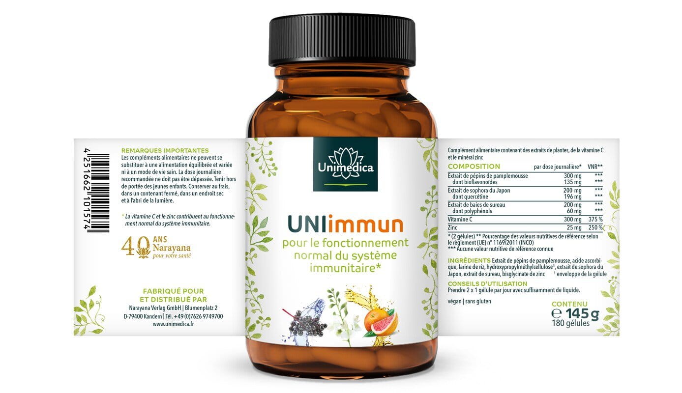 Lot de 2: UNIimmun  pour fonctionnement normal du système immunitaire avec de la vitamine C et du zinc - 2 x 180 gélules - Unimedica