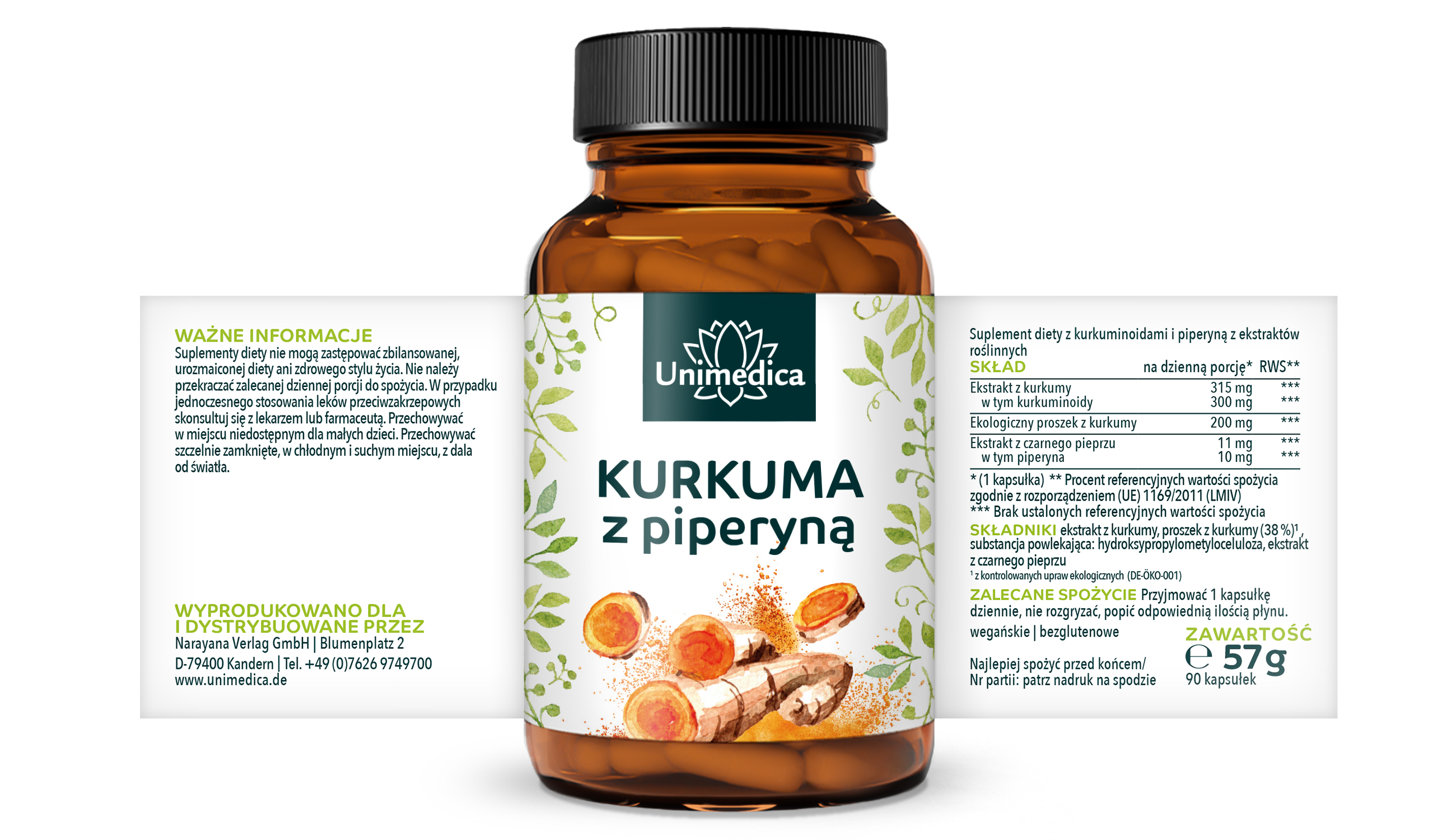 Kurkuma z piperyną - 300 mg kurkuminoidów i 10 mg piperyny na dzienną dawkę (1 kapsułka) - 90 kapsułek - od Unimedica