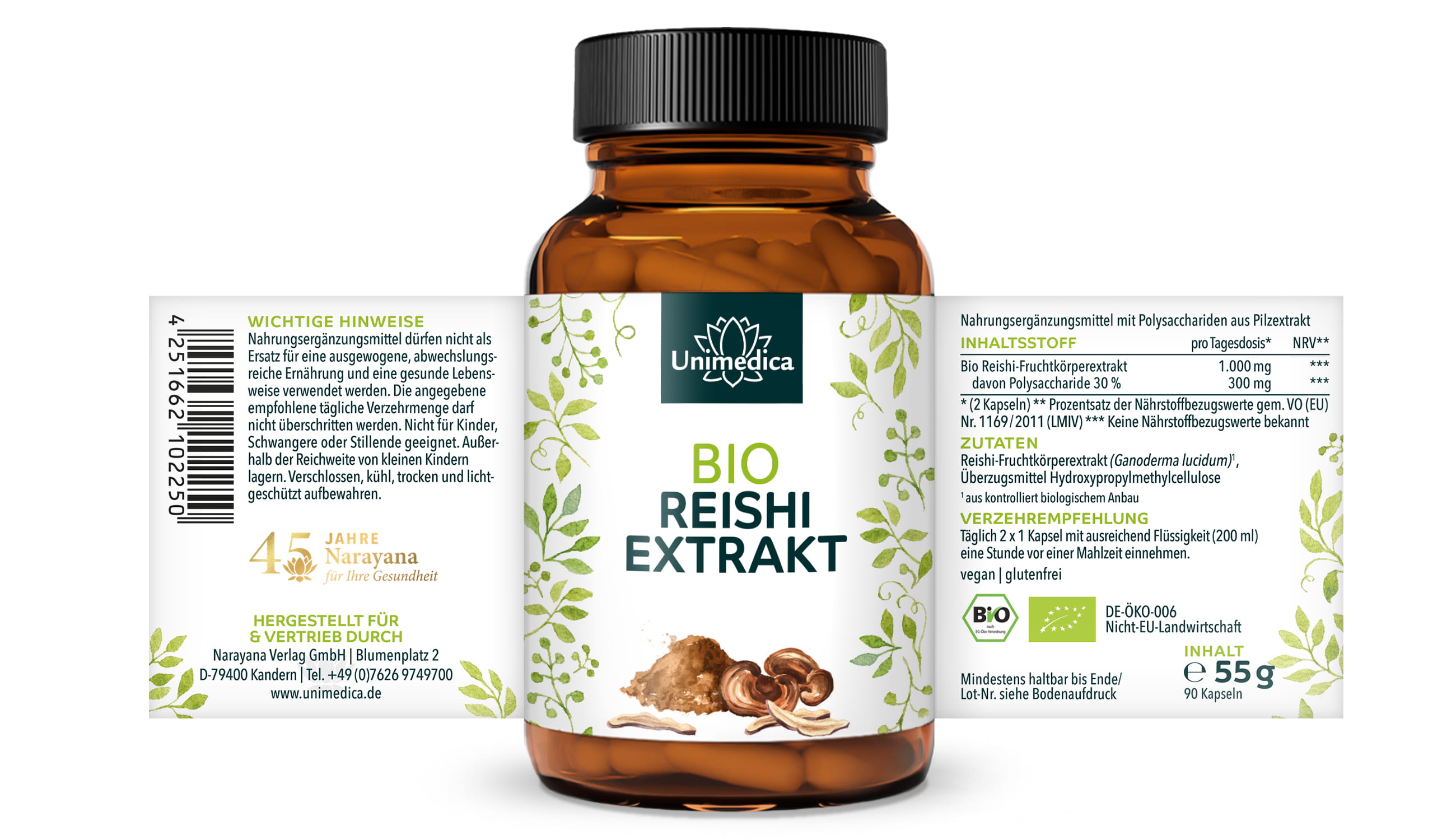 2er-Sparset: Bio Reishi Extrakt - 1.000 mg pro Tagesdosis (2 Kapseln) - Extrakt mit 30 % Polysacchariden - aus Wasserextraktion - 2 x 90 Kapseln - von Unimedica