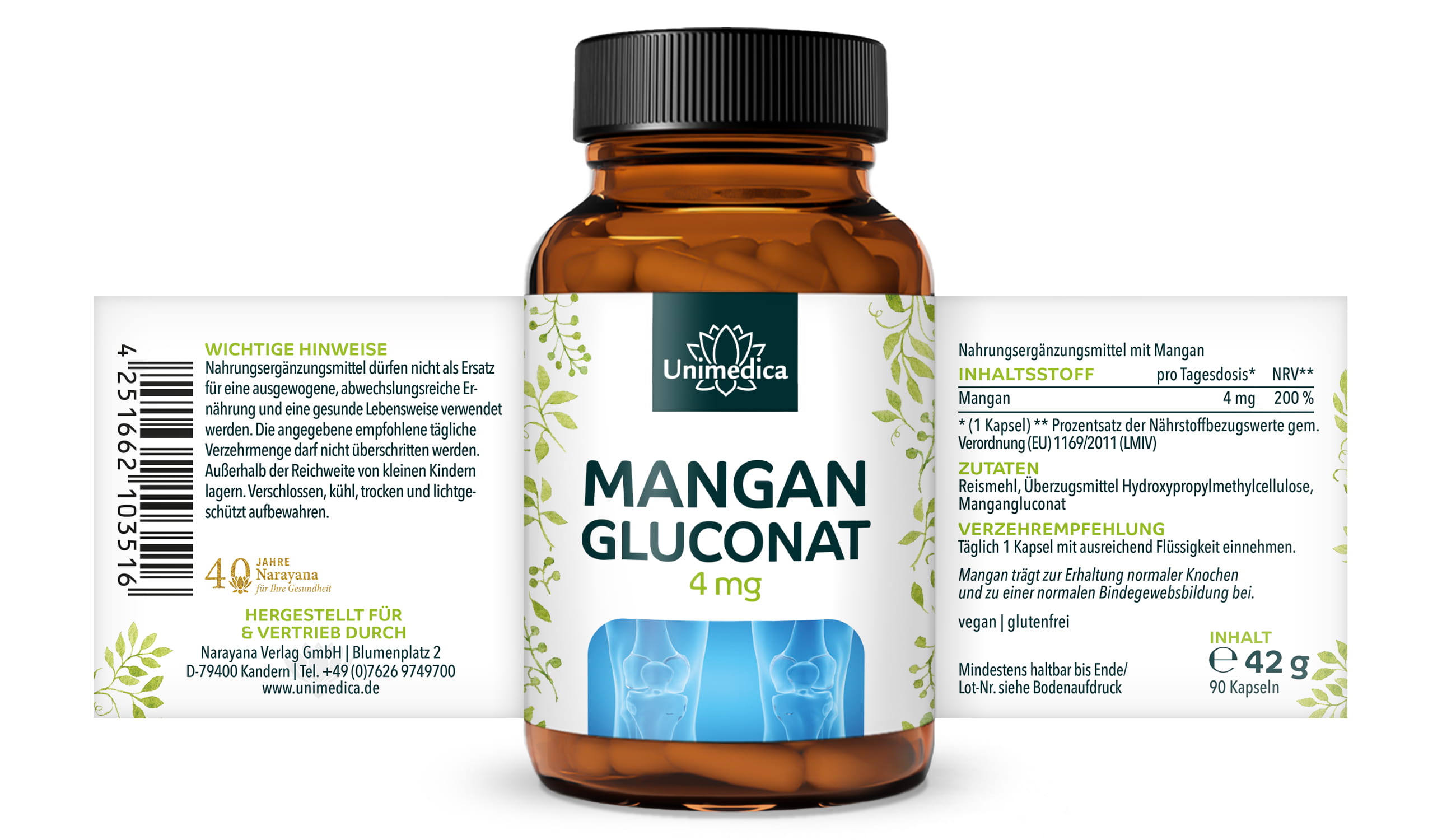 Mangan - 4 mg Mangangluconat pro Tagesdosis (1 Kapsel) - 90 Kapseln - von Unimedica