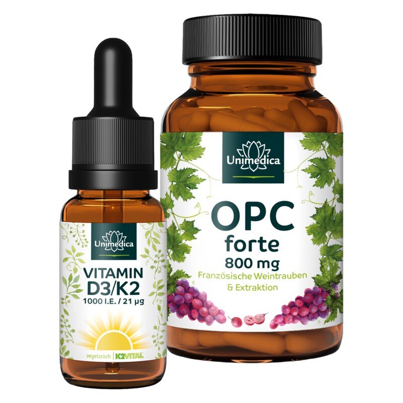 Sparset: OPC forte - 800 mg Traubenkernextrakt pro Tagesdosis - 180 Kapseln und Vitamin D3 / K2 MK7 All-trans - D3 1000 I.E. 25µg / K2 21µg Tropfen - 50 ml - von Unimedica