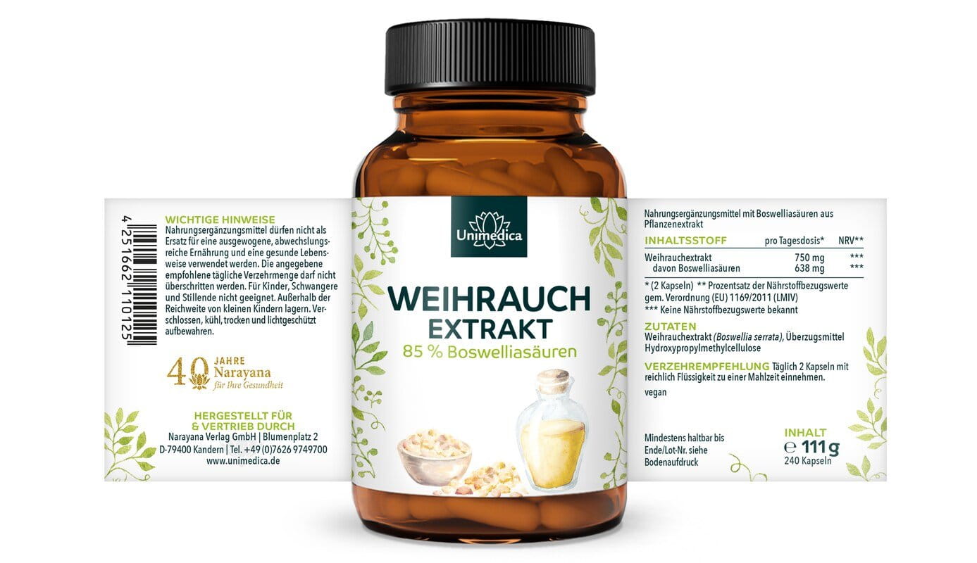 JETZT VORBESTELLEN: Weihrauch Extrakt - 85 % Boswelliasäuren - 375 mg pro Kapsel - 240 Kapseln - von Unimedica