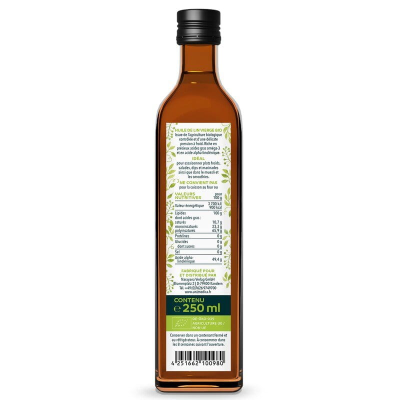 Huile de lin biologique vierge - pressée à froid - avec acide alpha-linolénique - 250 ml - par Unimedica