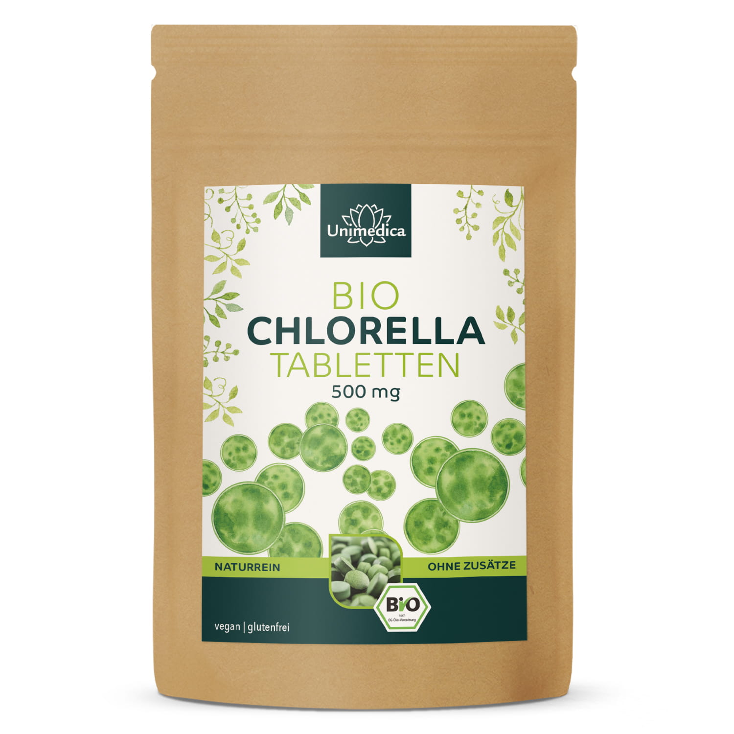 Chlorella BIO - 500 comprimés contenant chacun 500 mg de poudre de chlorella pure - testée en laboratoire et naturelle - par Unimedica