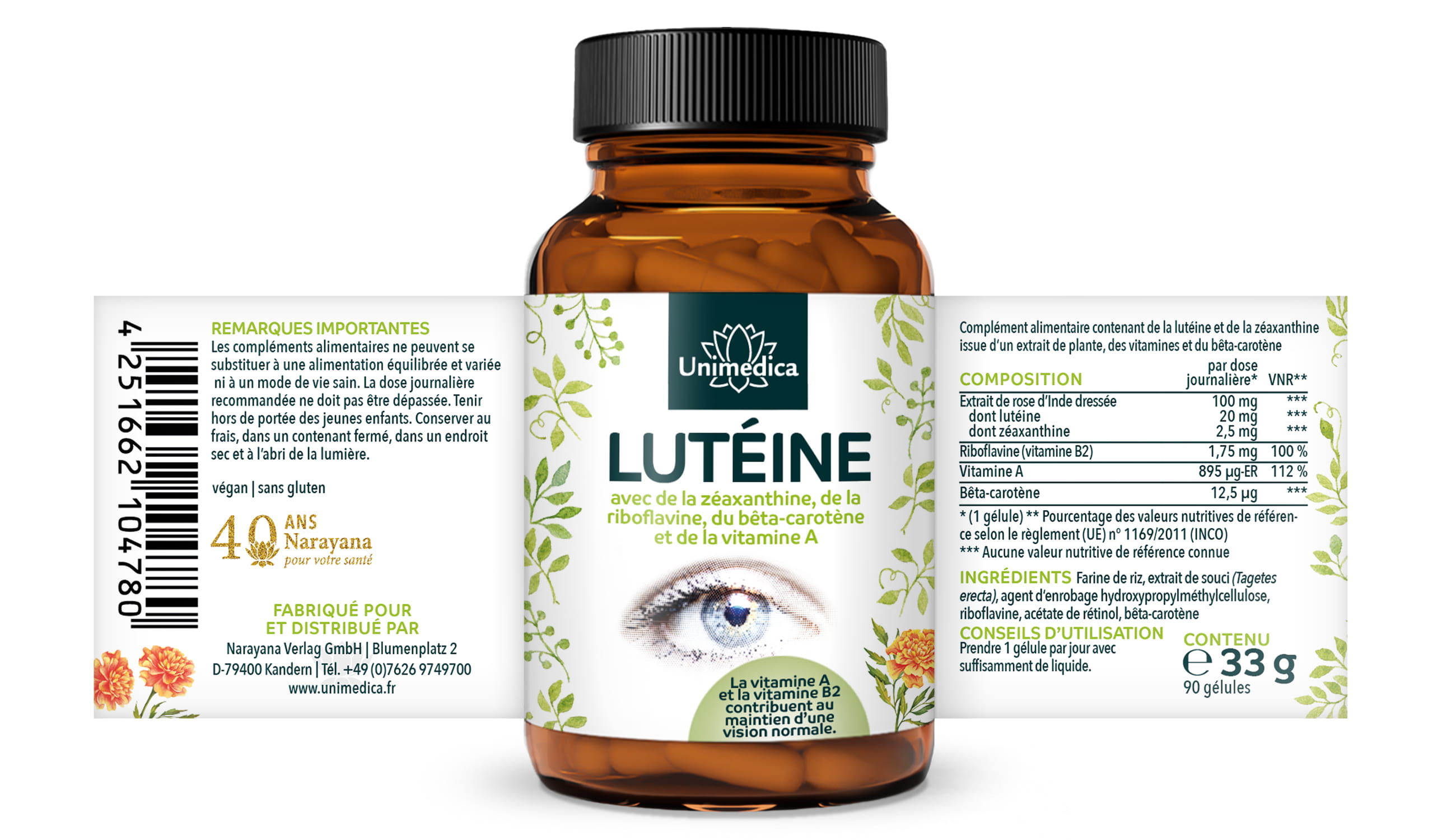 Lutéine - avec zéaxanthine + vitamine B2 + bêta-carotène + vitamine A - 90 gélules - par Unimedica