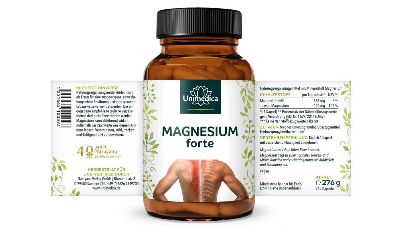 Magnesium forte - 400 mg Magnesium pro Tagesdosis (1 Kapsel) - 365 Kapseln - von Unimedica