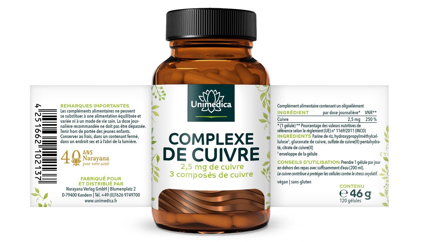Complexe de cuivre - 2.5 mg de cuivre - avec 3 composés de cuivre - 120 gélules - par Unimedica
