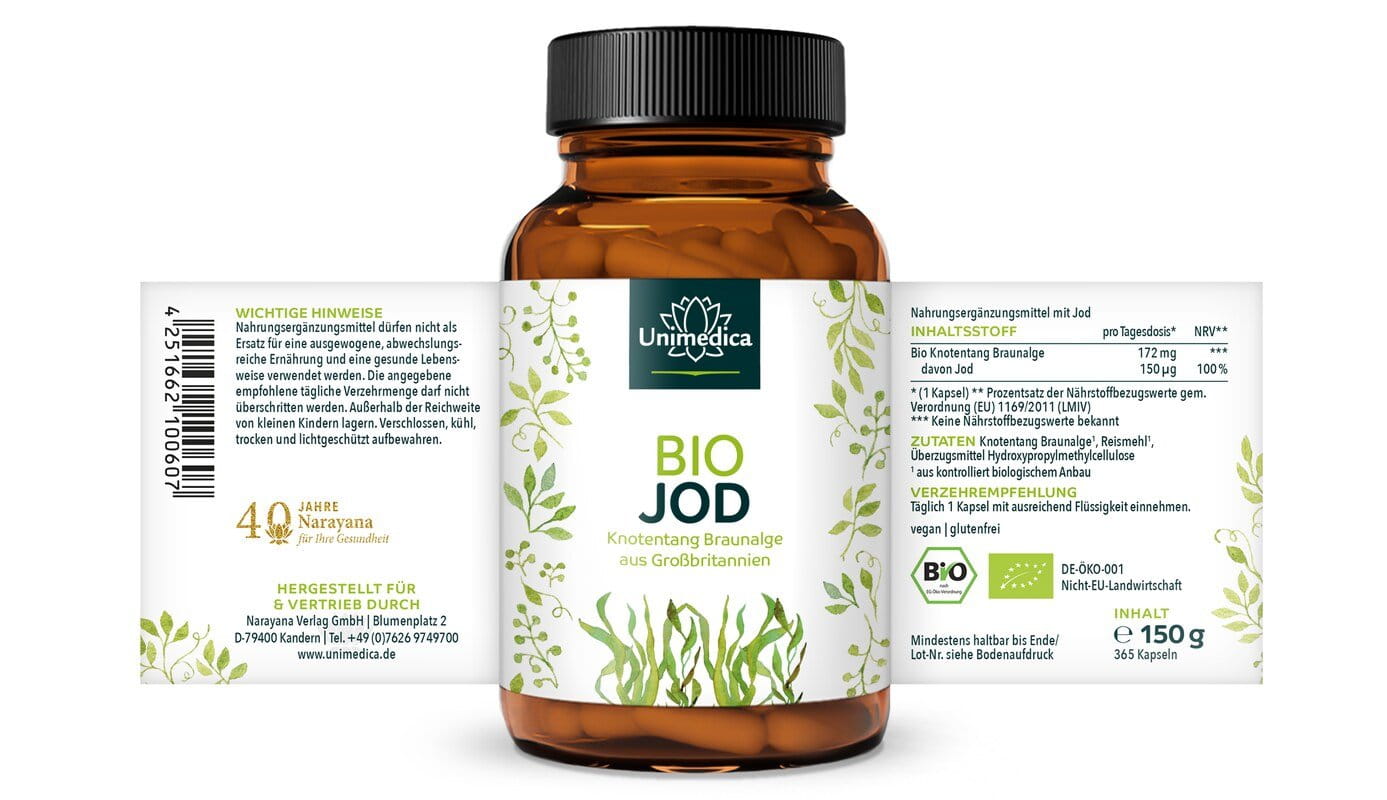 Bio Jod Kapseln - 150 µg natürliches Jod aus Knotentang Braunalgen - 365 Kapseln - von Unimedica