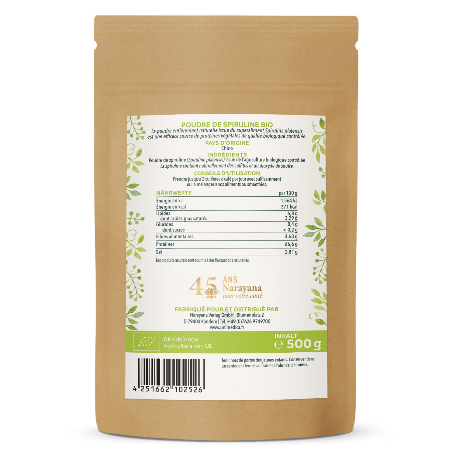 Lot de 2: Poudre de spiruline BIO  2 x 500 g - par Unimedica