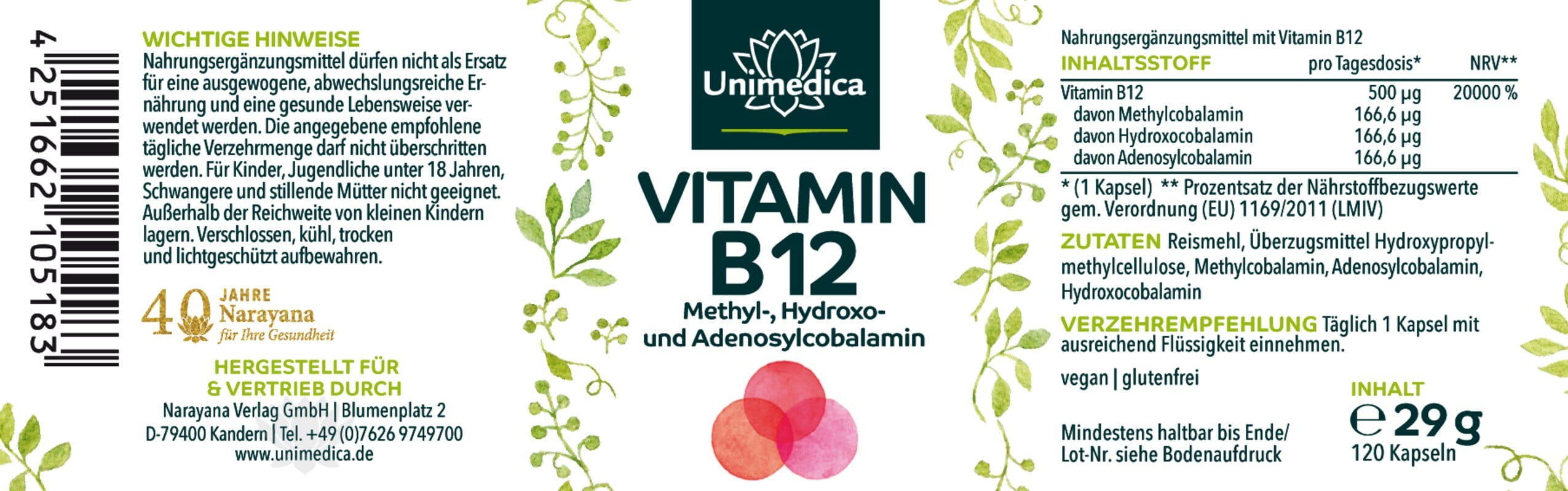 Vitamin B12 mit 3 Cobalamin-Formen - 500 µg pro Tagesdosis (1 Kapsel) - 120 Kapseln - von Unimedica