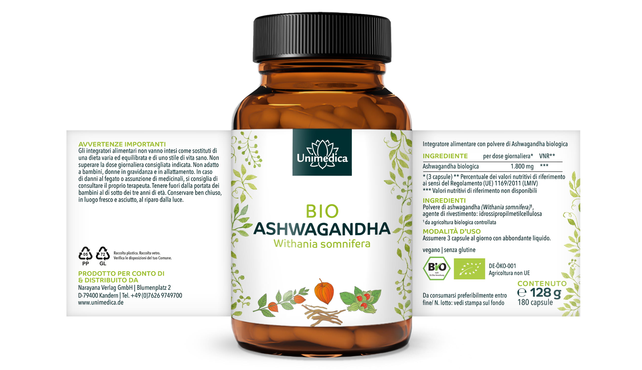 Ashwagandha biologica - 1.800 mg per dose giornaliera (3 capsule) - ad alta concentrazione - 180 capsule - da Unimedica